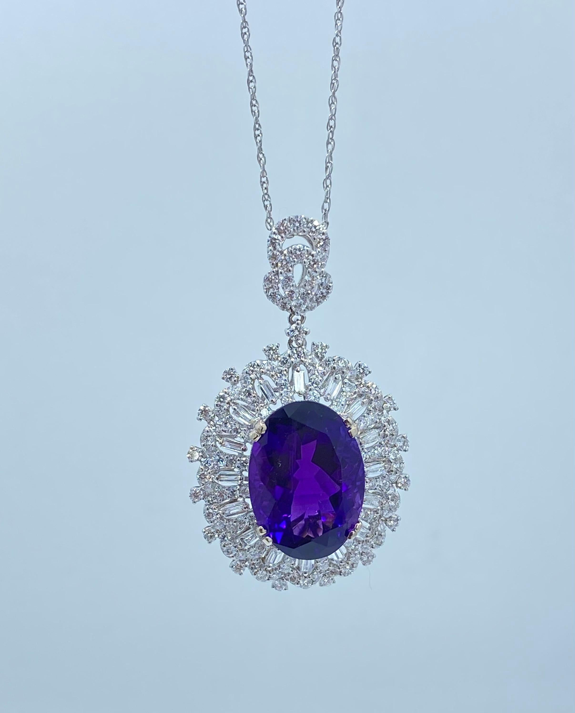 Women's Regal 17 Carat Deep Purple Siberian Amethyst and Diamond 18K Pendant Necklace