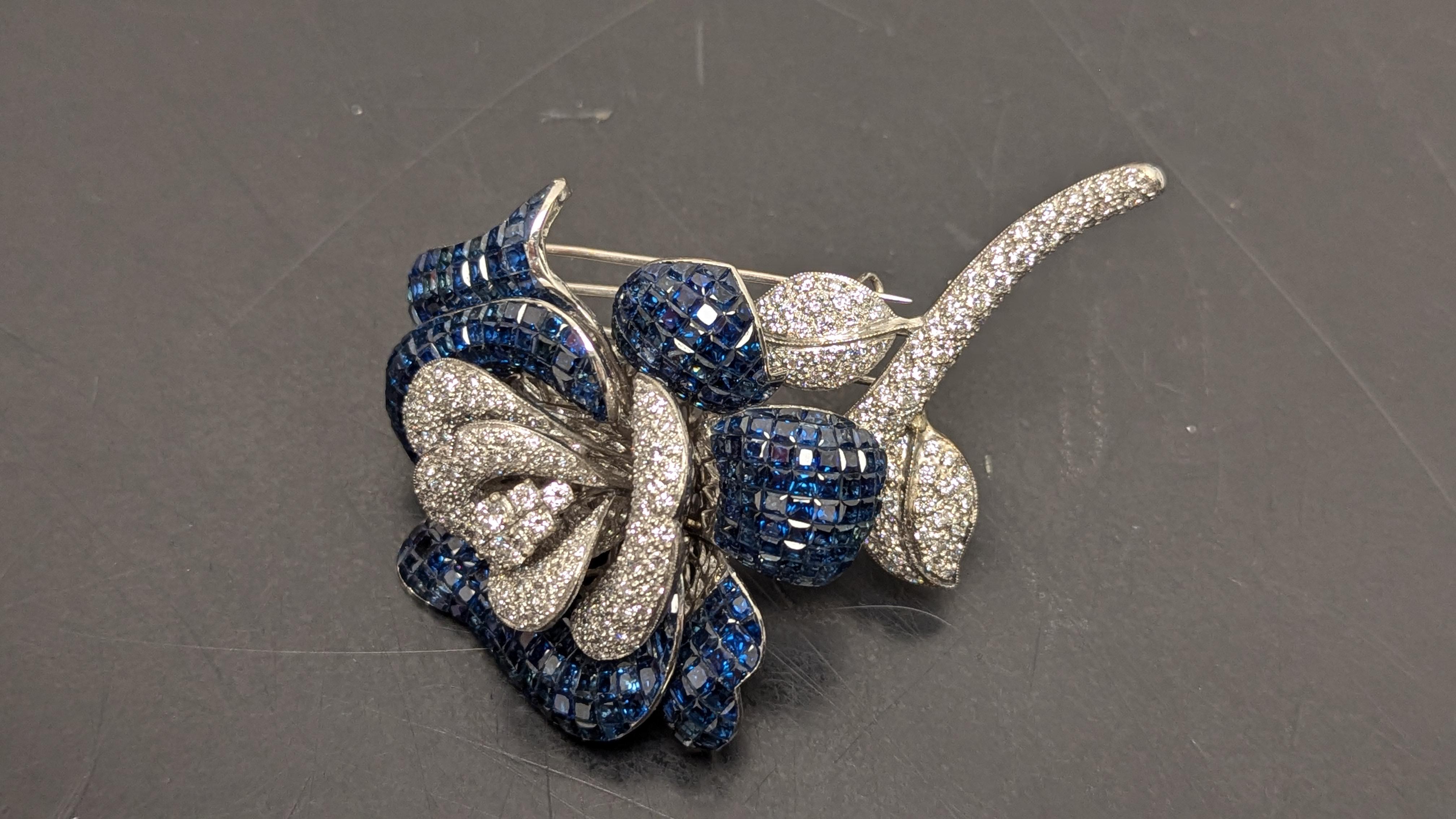 Square Cut Regal 18K White Gold Sapphire and Diamond Flower Brooch For Sale