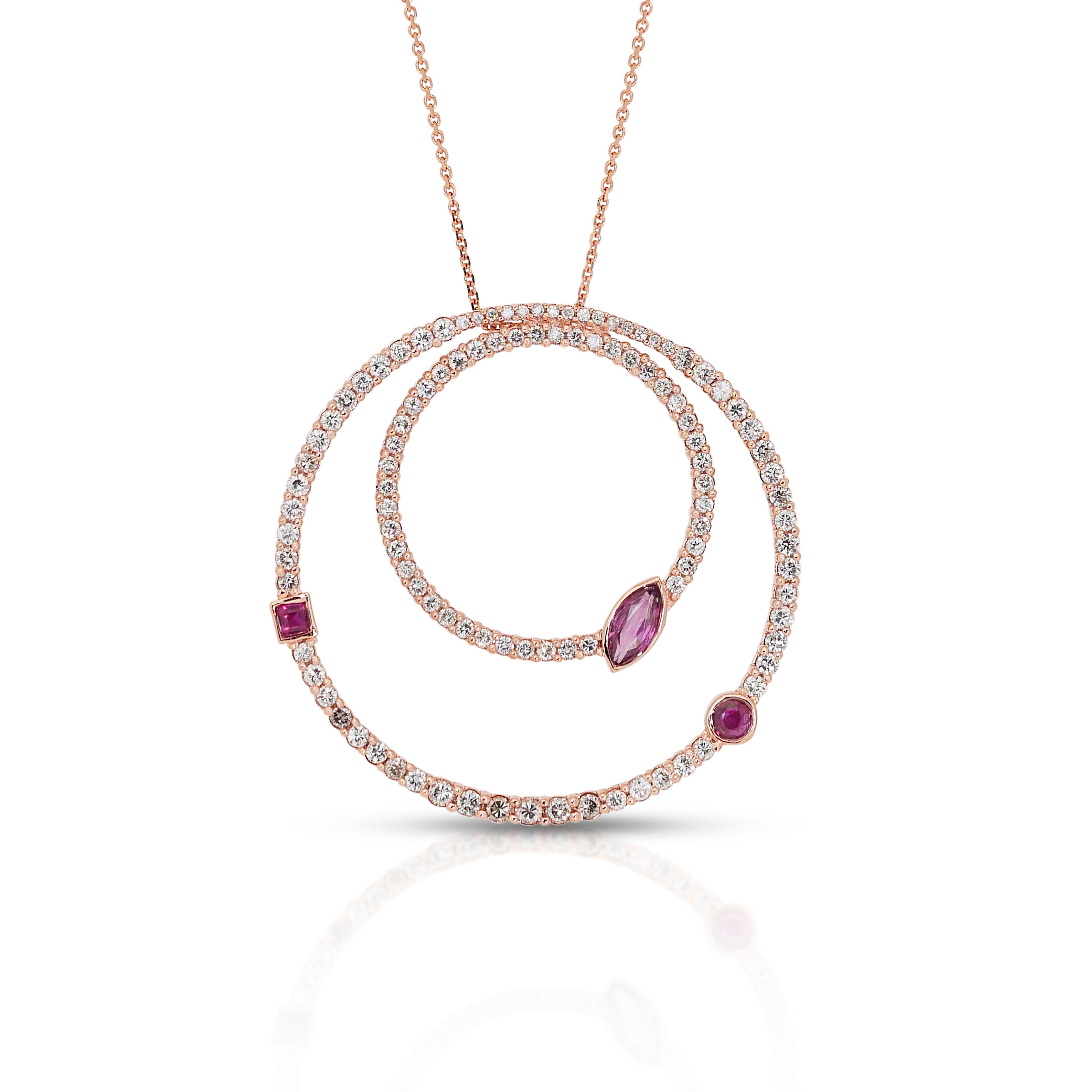 Regal 18k Rose Gold Ruby and Diamond Necklace w/1.70 ct - IGI Certified

This 18k rose gold necklace exudes regal elegance, featuring a central marquise ruby of 0.21 carat, radiating a rich purple-red hue. This exquisite ruby is framed by a dazzling