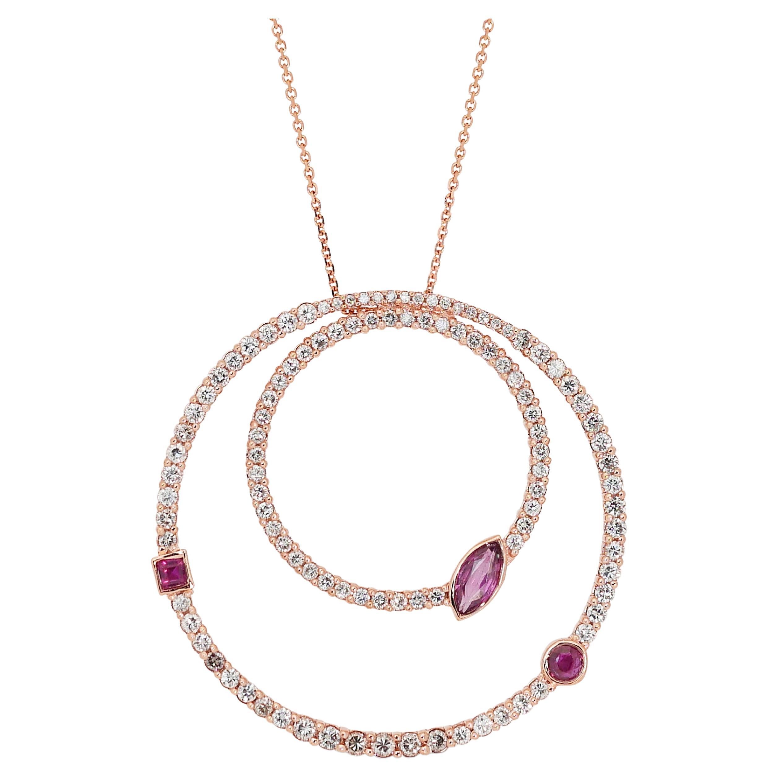 Regal 18k Rose Gold Ruby and Diamond Necklace w/1.70 ct - IGI Certified For Sale