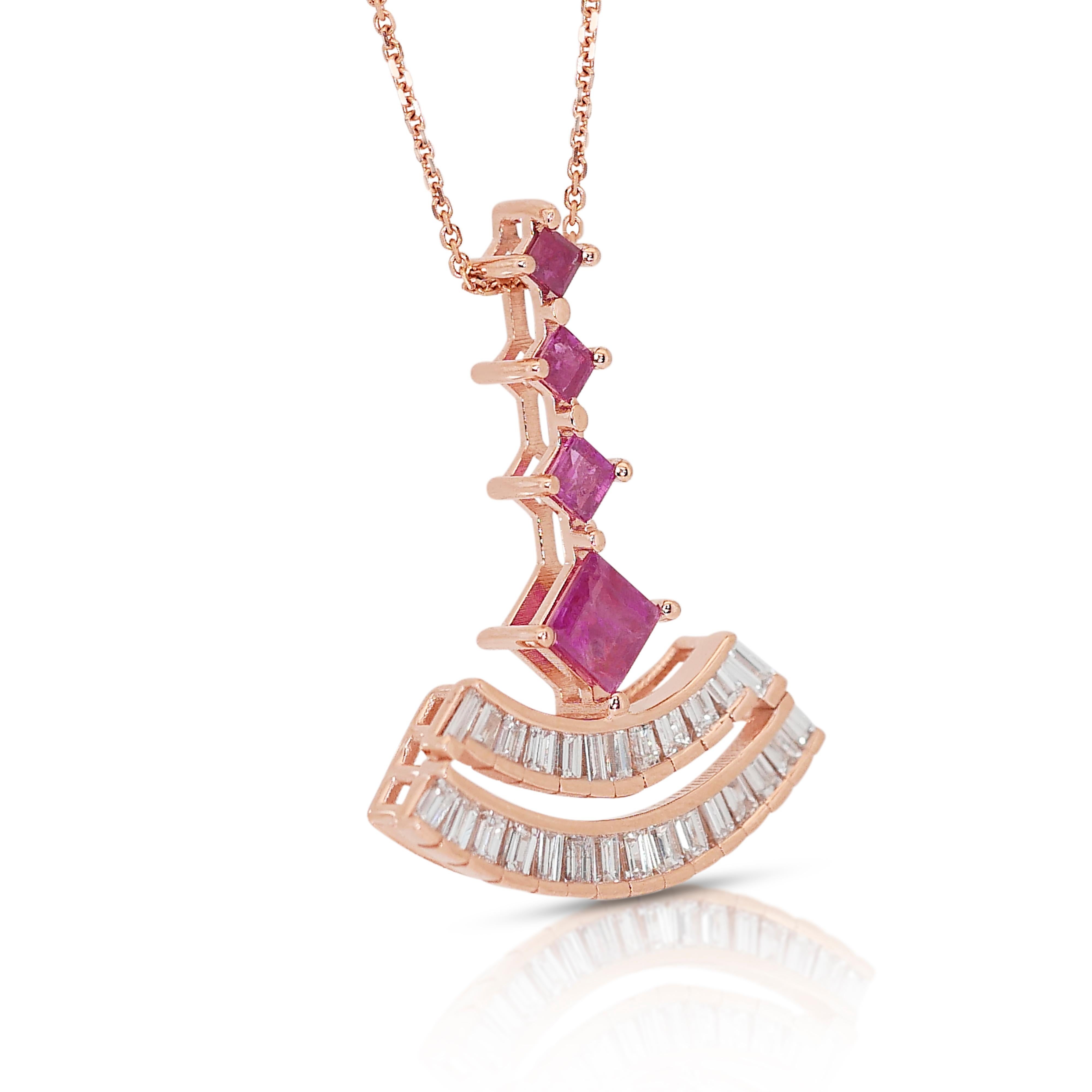 Regal 18k Rose Gold Ruby & Diamond Art Deco Style Necklace w/ Pendant w/1.47 ct In New Condition For Sale In רמת גן, IL