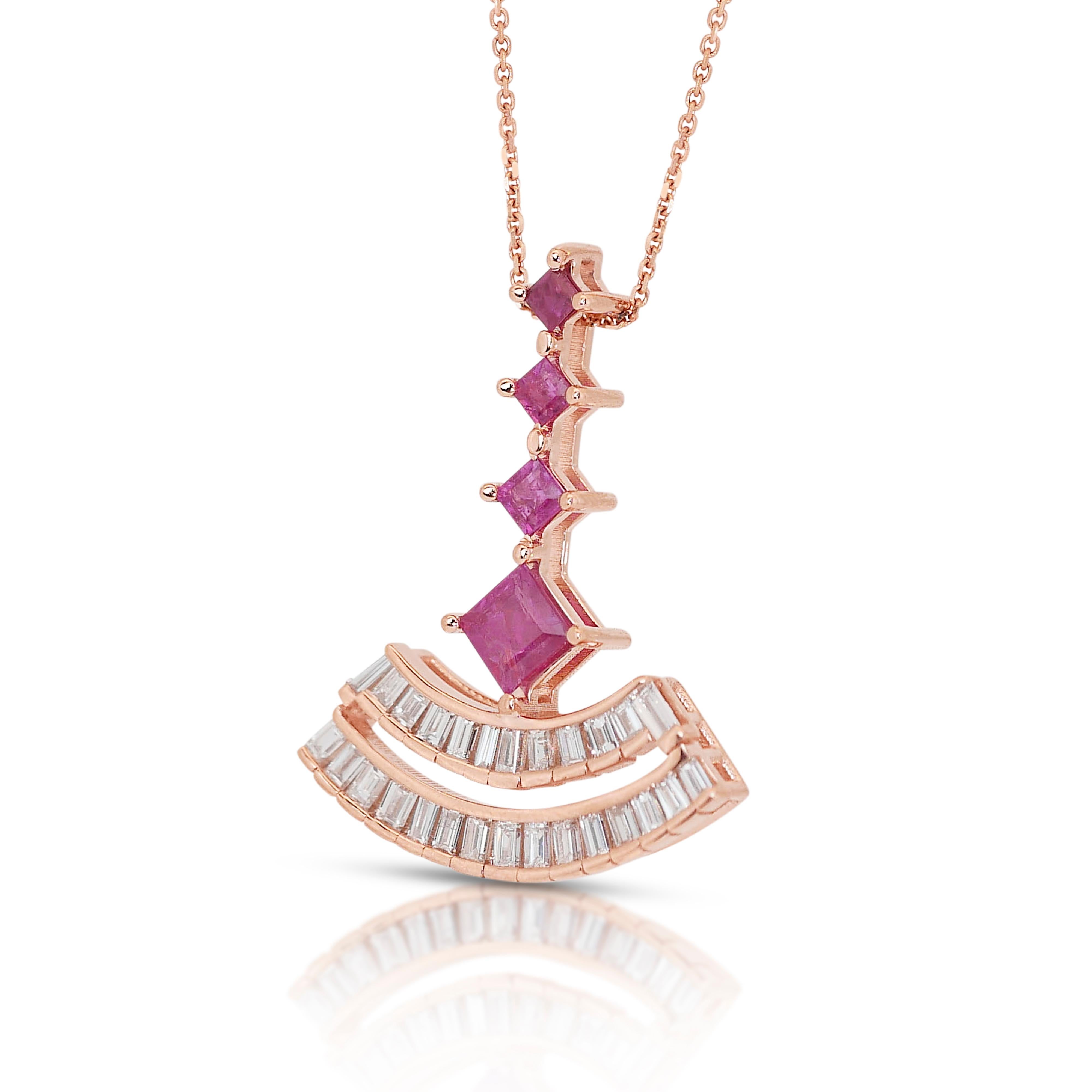 Women's Regal 18k Rose Gold Ruby & Diamond Art Deco Style Necklace w/ Pendant w/1.47 ct For Sale