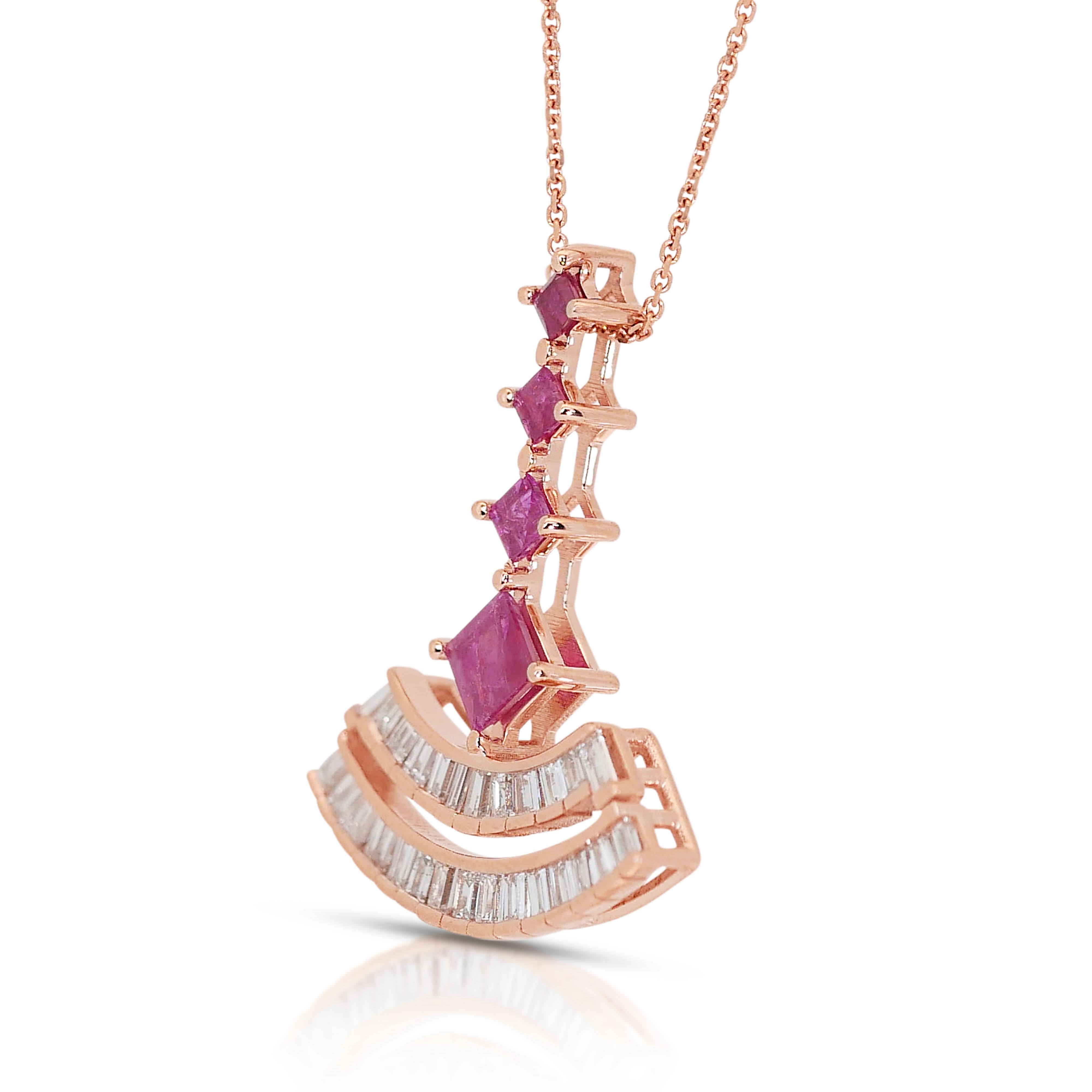 Regal 18k Rose Gold Ruby & Diamond Art Deco Style Necklace w/ Pendant w/1.47 ct For Sale 2