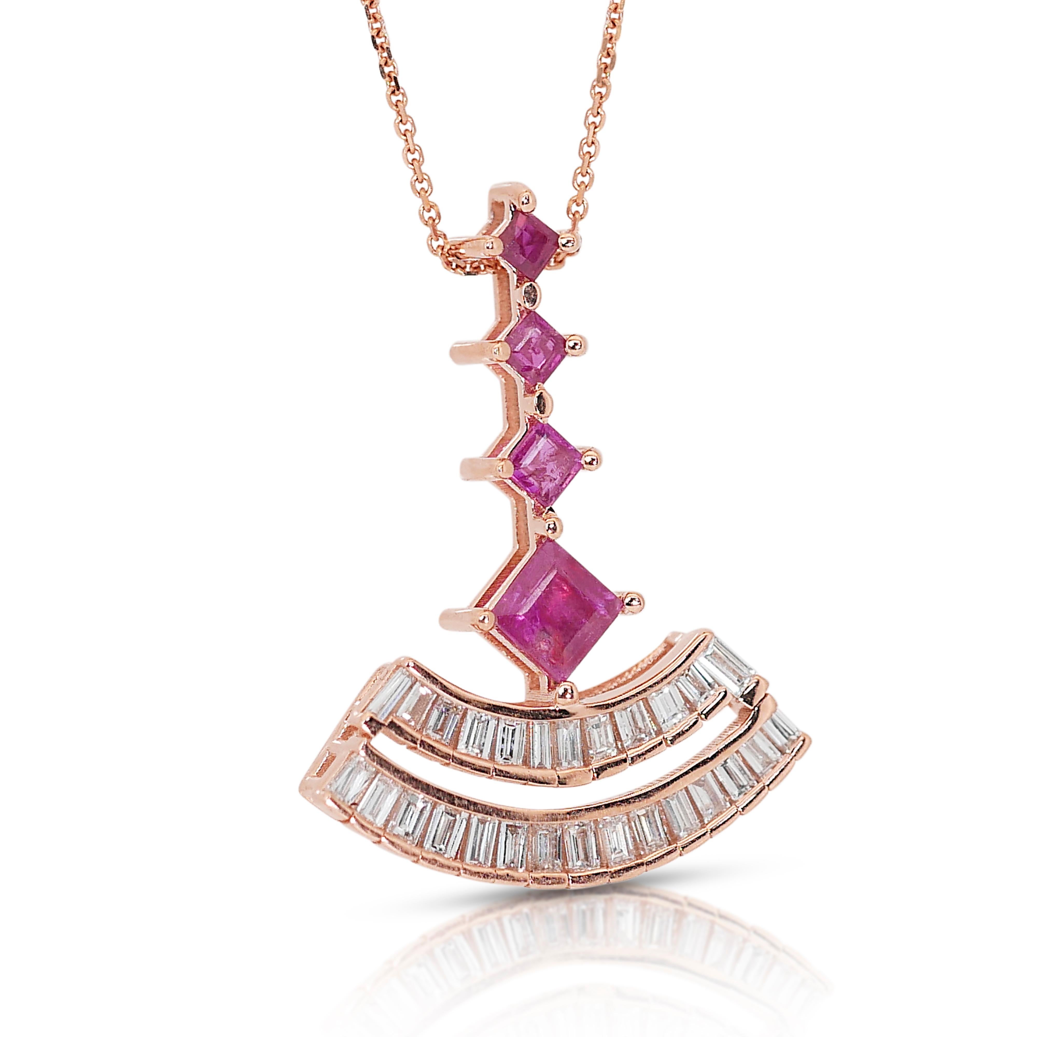 Regal 18k Rose Gold Ruby & Diamond Art Deco Style Necklace w/ Pendant w/1.47 ct For Sale 4