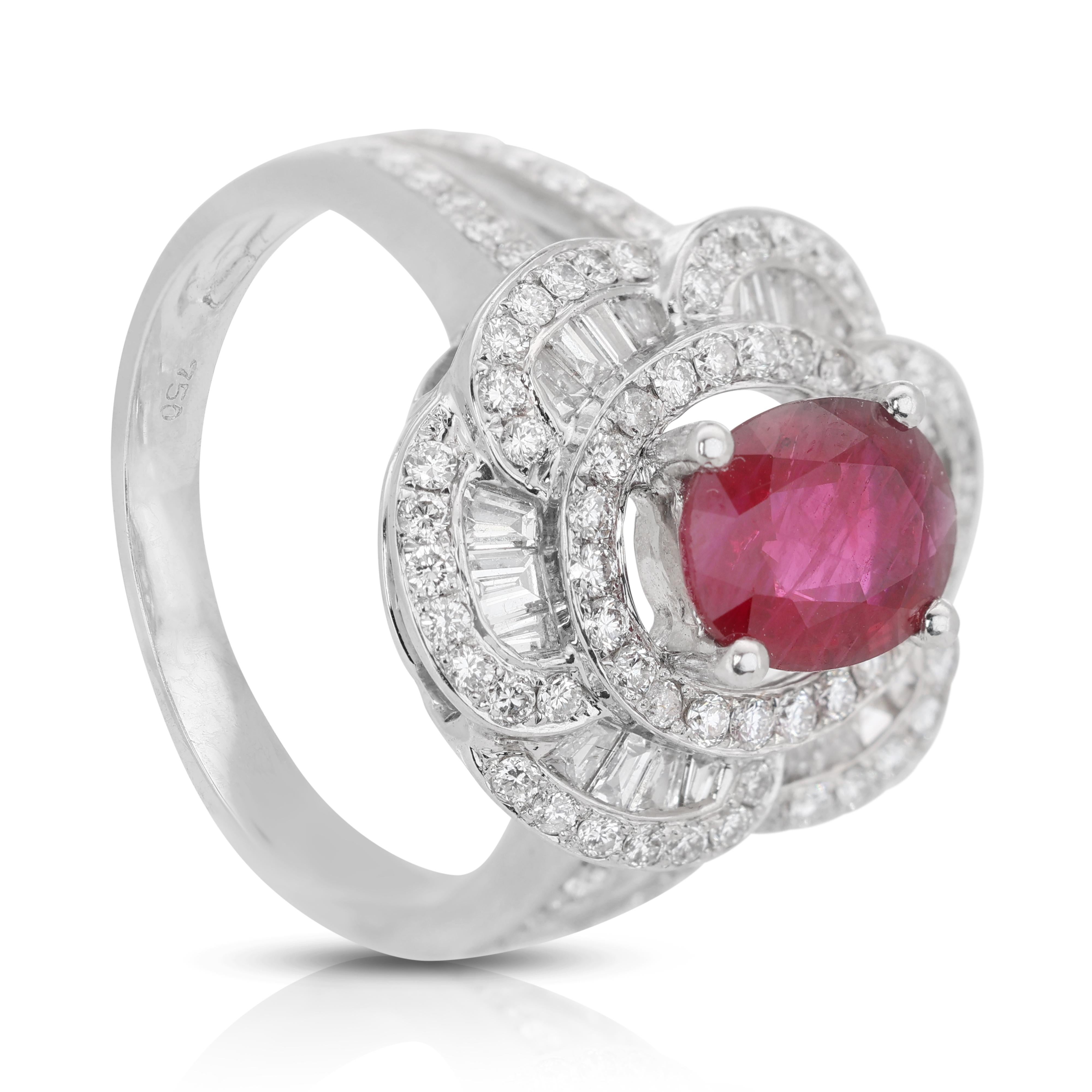 Oval Cut Regal 18k White Gold Ruby and Diamond Double Halo Ring w/2.36 ct - IGI Certified