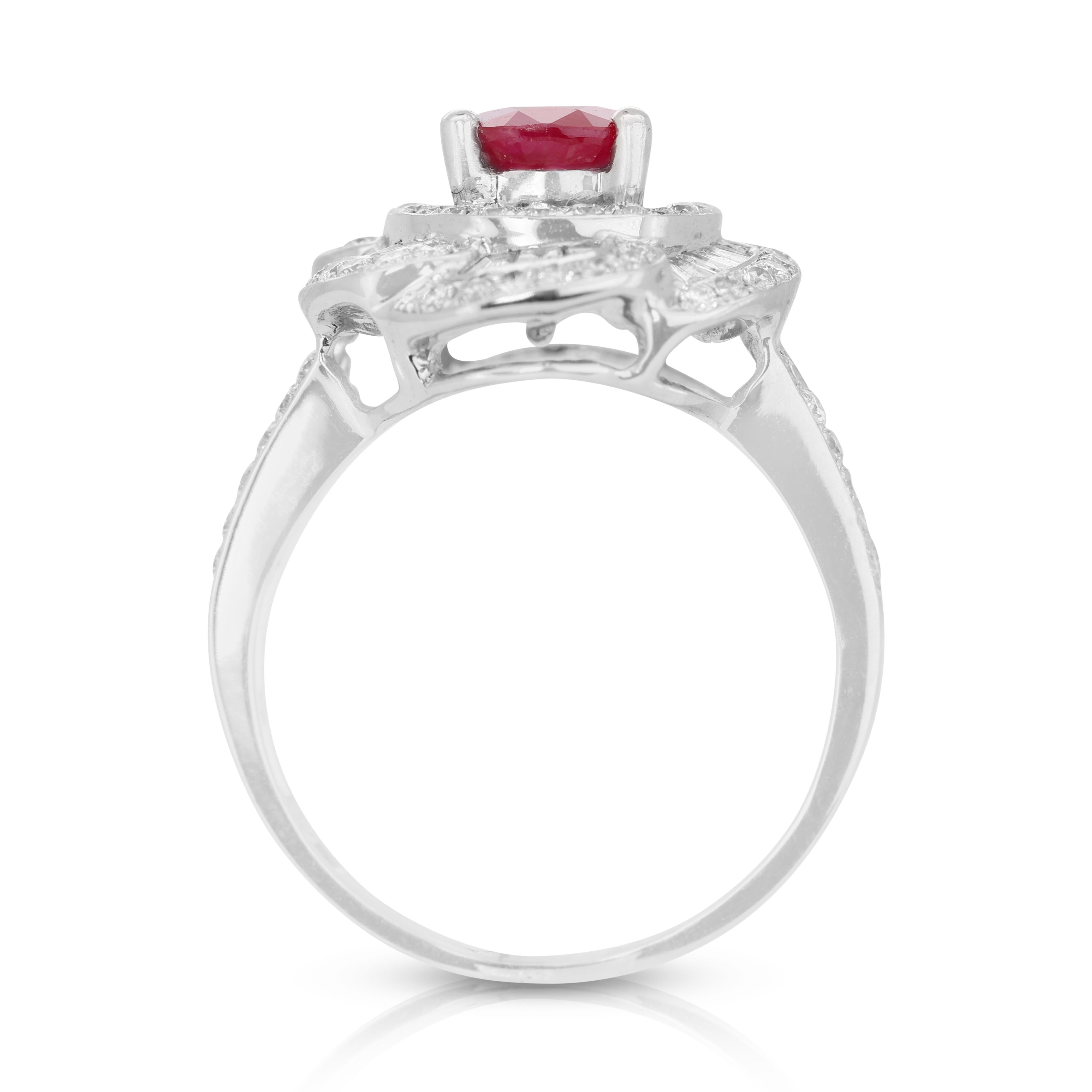 Women's Regal 18k White Gold Ruby and Diamond Double Halo Ring w/2.36 ct - IGI Certified
