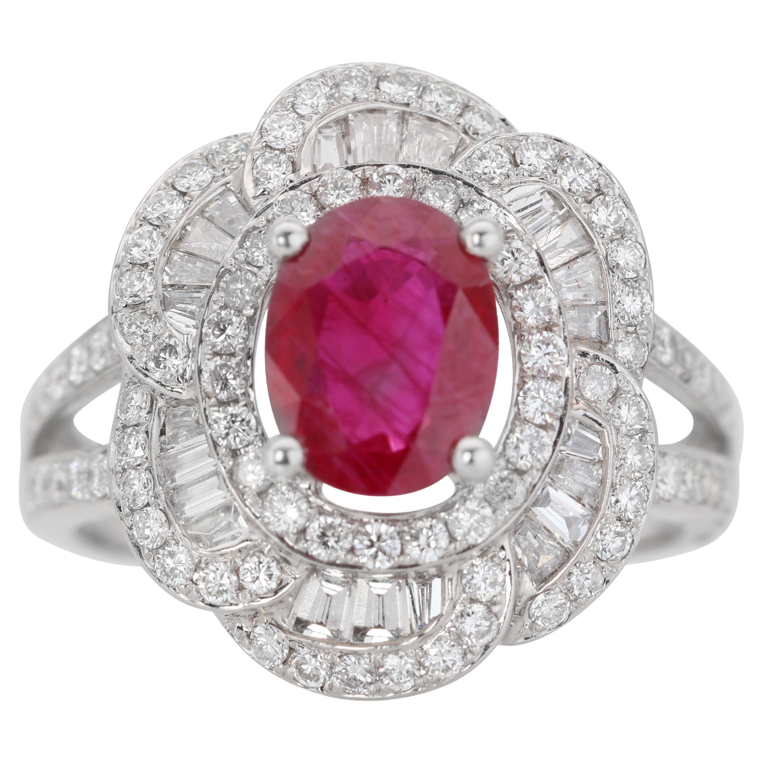Regal 18k White Gold Ruby and Diamond Double Halo Ring w/2.36 ct - IGI Certified