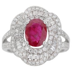 Regal 18k White Gold Ruby and Diamond Double Halo Ring w/2.36 ct - IGI Certified