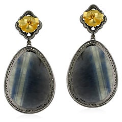 Regal 18KT Gold and Silver Sapphire Drop Earrings With Diamonds