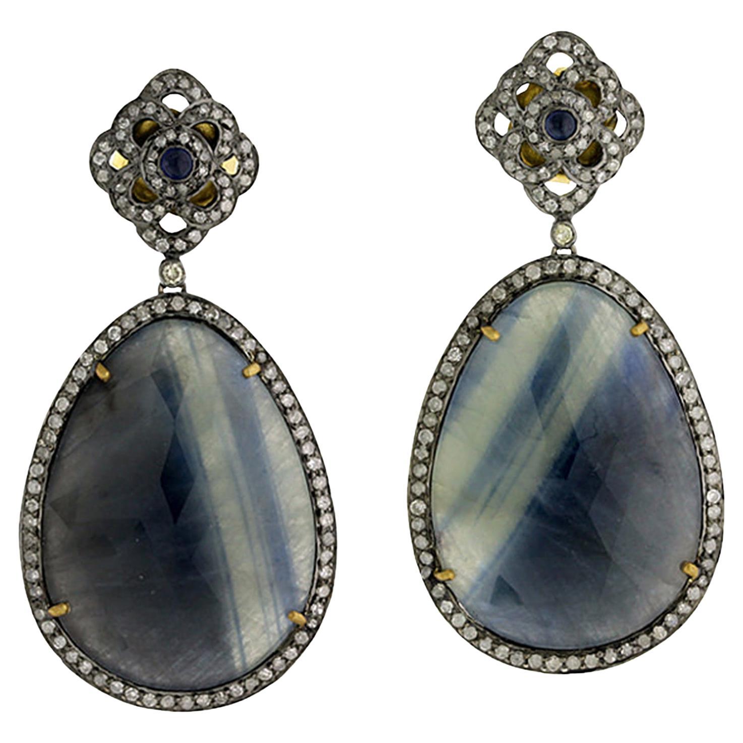Regal 18KT Gold and Silver Sapphire Drop Earrings With Diamonds
