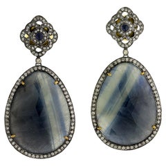 Regal 18KT Gold and Silver Sapphire Drop Earrings With Diamonds