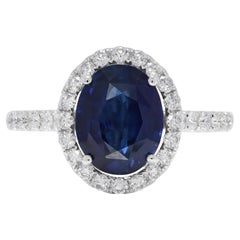 Regal 3.29ct Sapphire & Natural Diamond Halo Ring in 18K White Gold