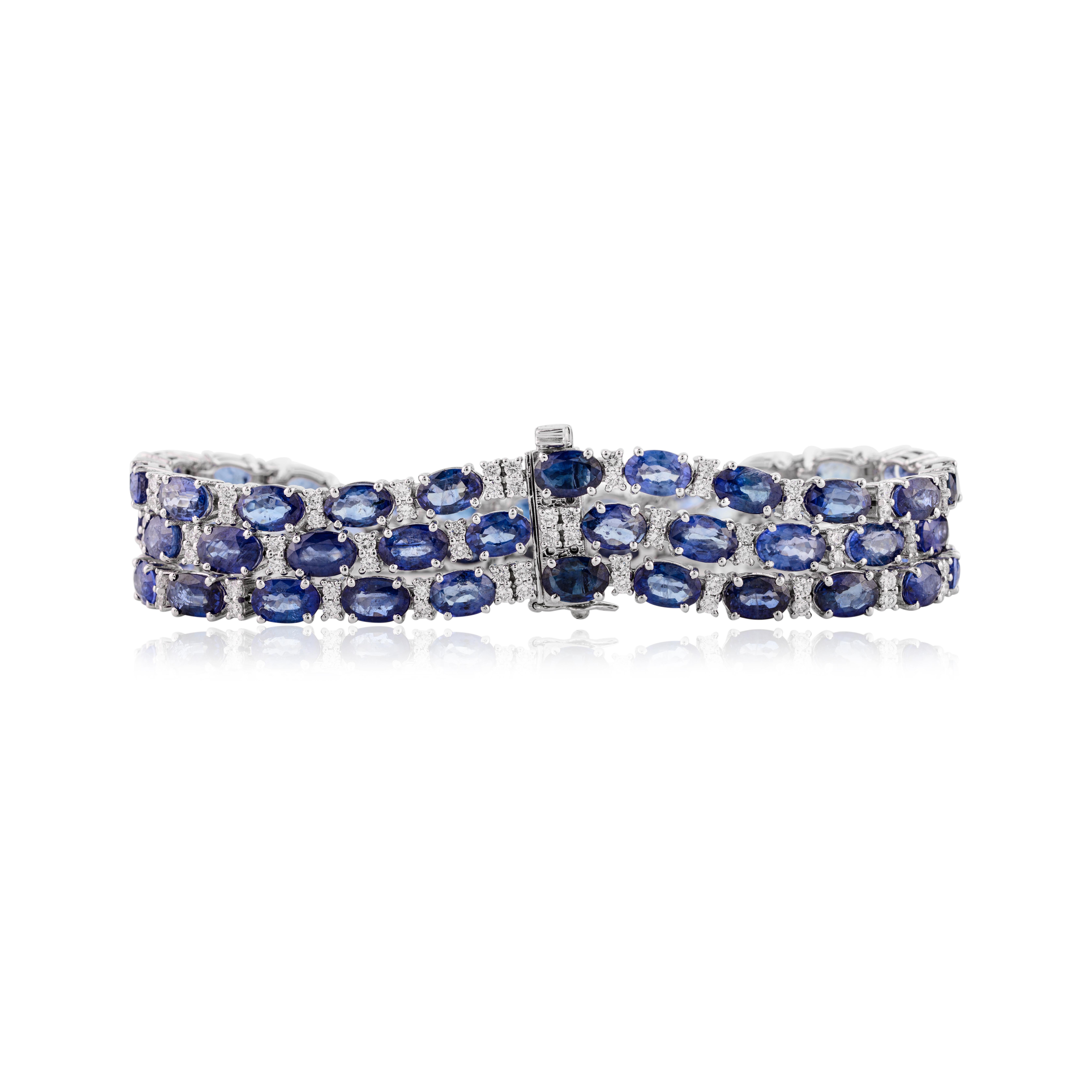 Bracciale Regal 39,02 CTW con zaffiro a tripla linea e diamanti in oro bianco 14 carati in vendita 5