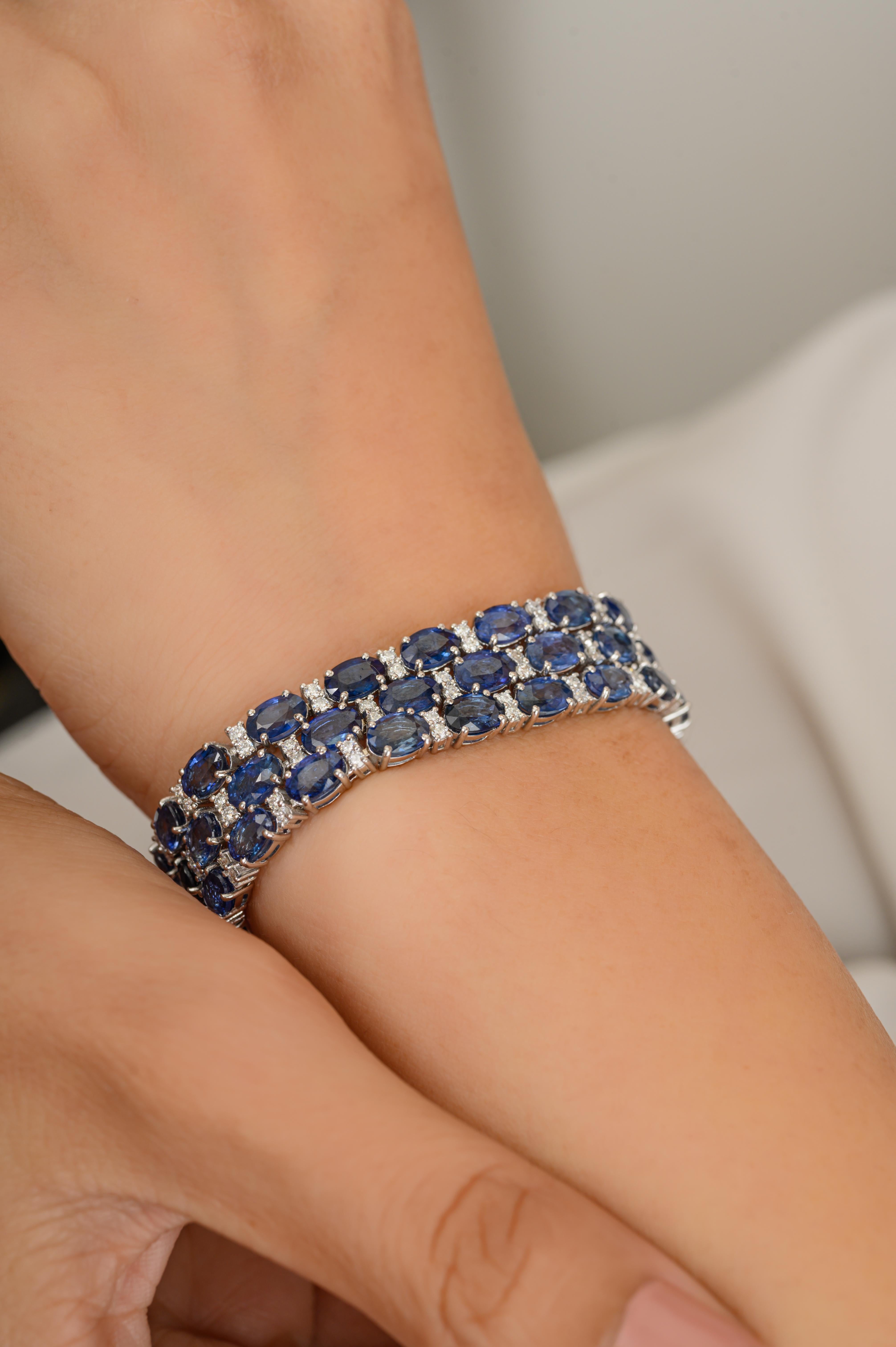 Bracciale Regal 39,02 CTW con zaffiro a tripla linea e diamanti in oro bianco 14 carati in vendita 2