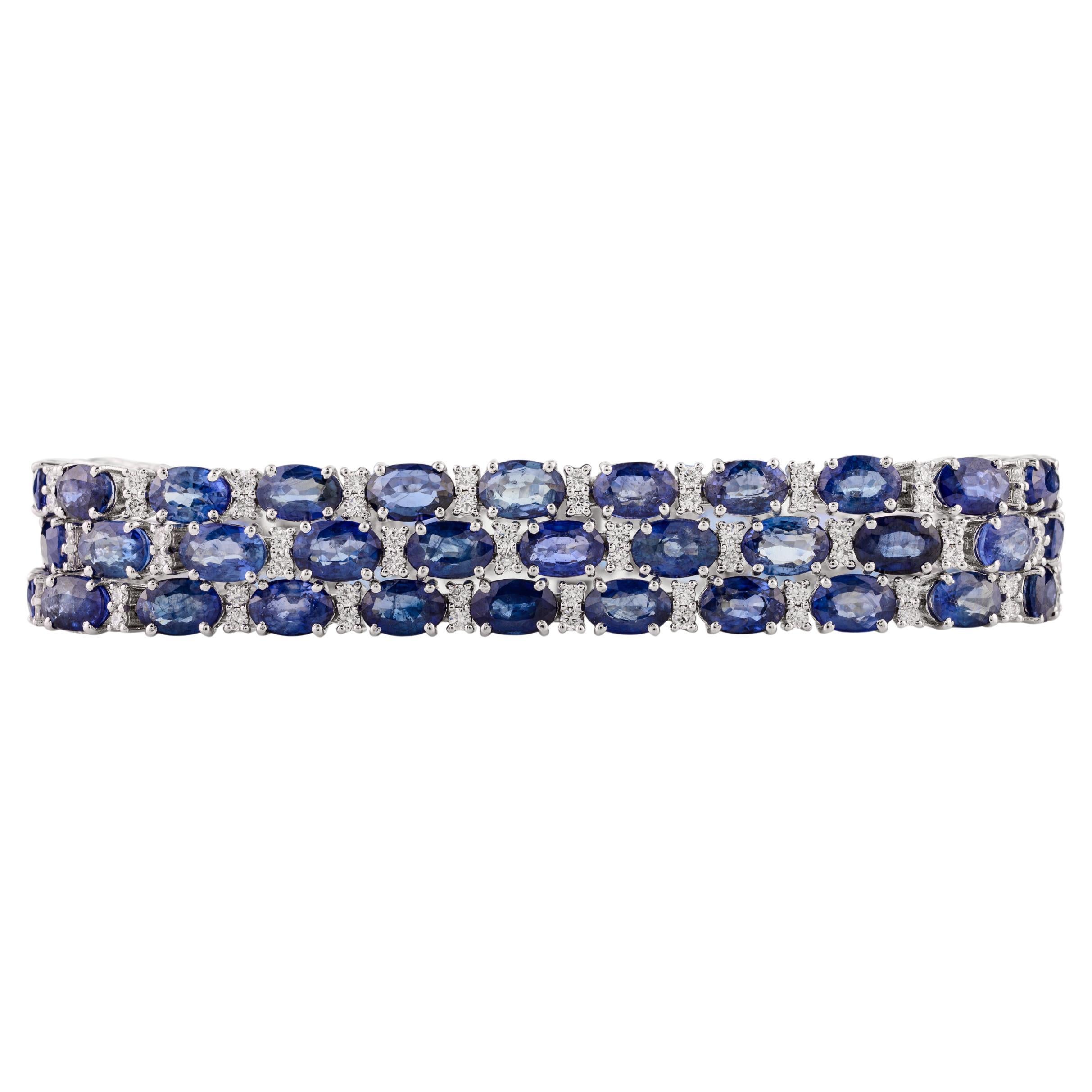 Regal 39.02 CTW Triple Line Sapphire Bracelet with Diamonds in 14k White Gold