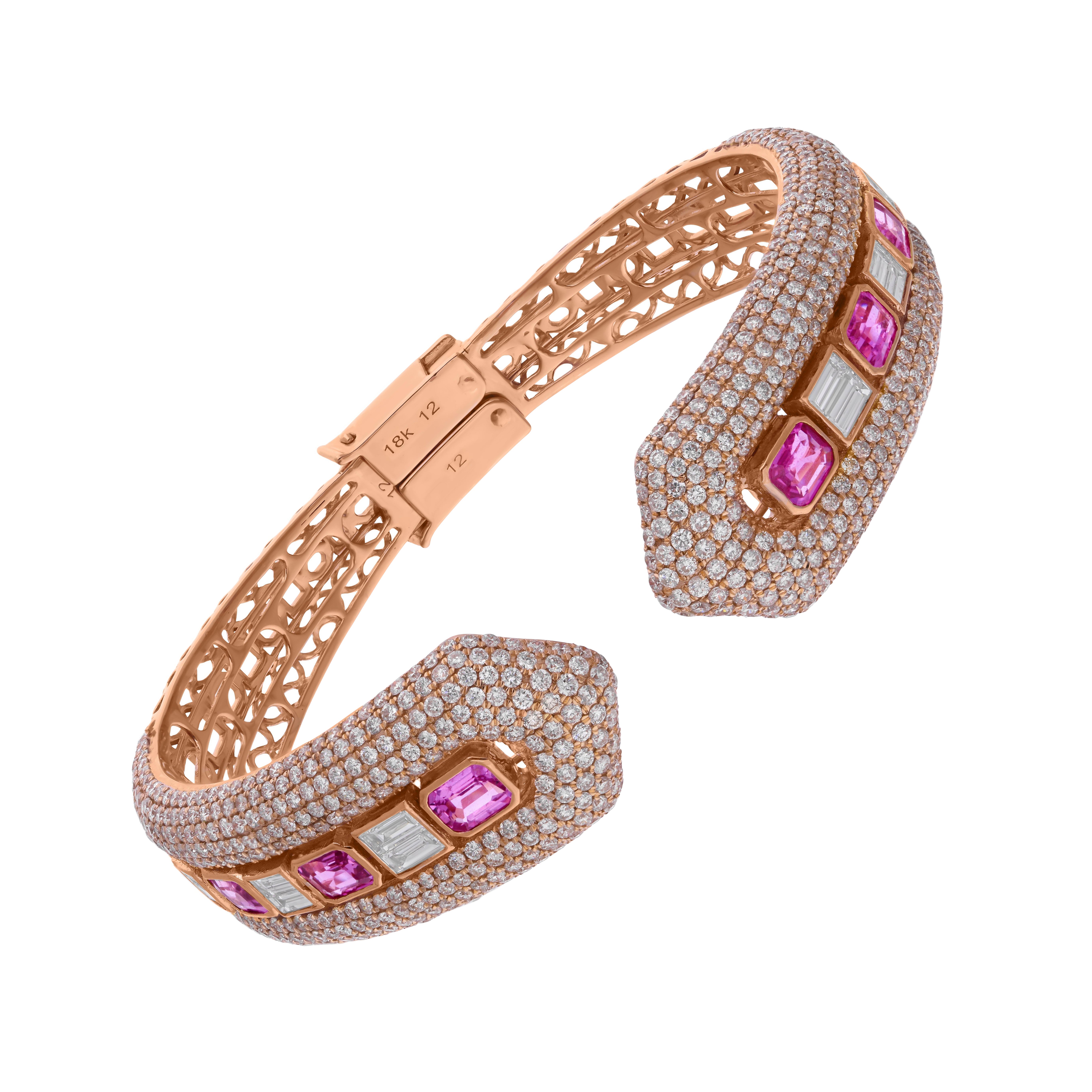 Regal 4,06cts Saphir 7,5cts SI/HI Diamant Manschette Armreif Armband 14k Rose Gold im Angebot