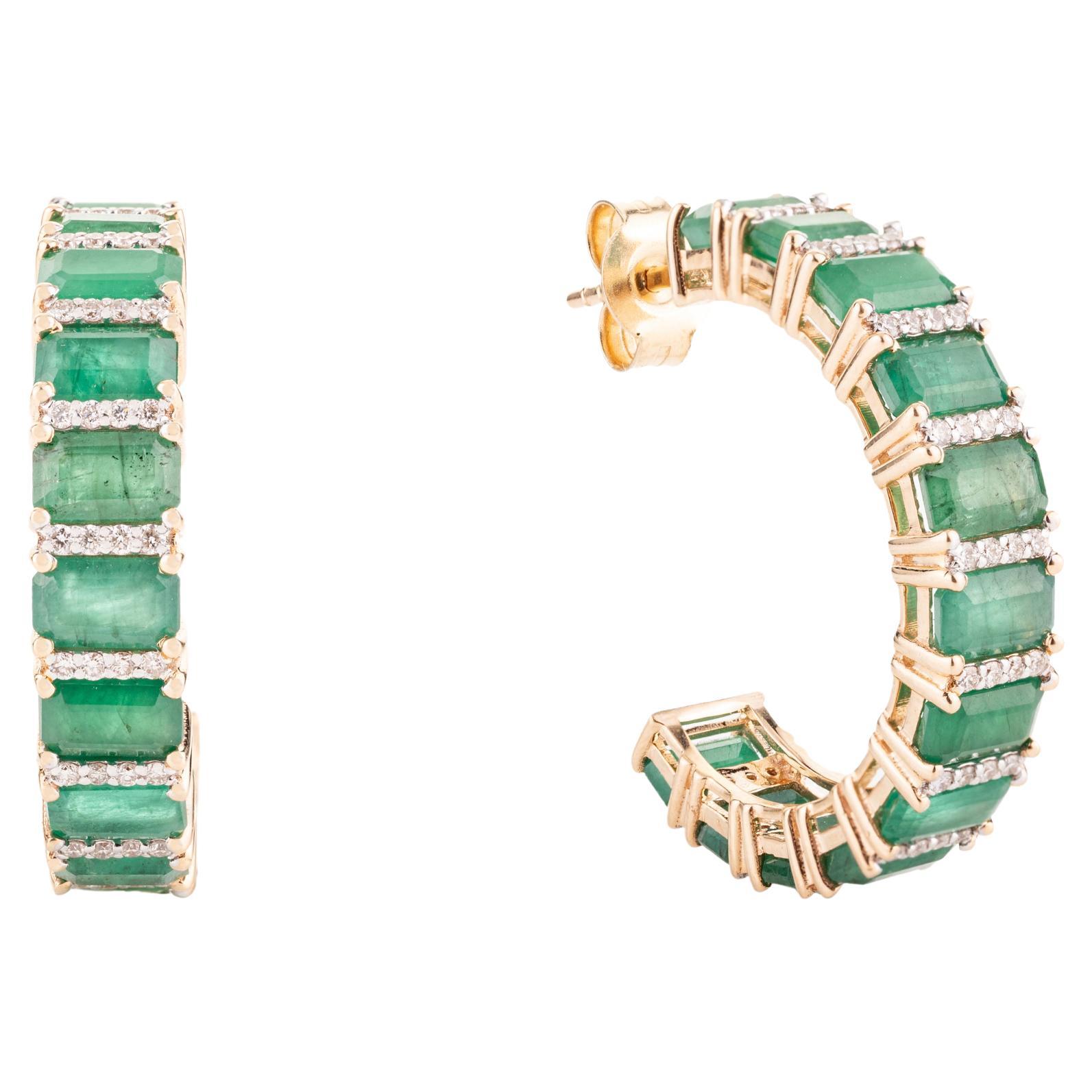 Regal 7.65 Carat Emerald Diamond Half Infinity Hoop Earrings in 14k Yellow Gold For Sale