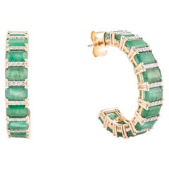 Regal 7.65 Carat Emerald Diamond Half Infinity Hoop Earrings in 14k Yellow Gold