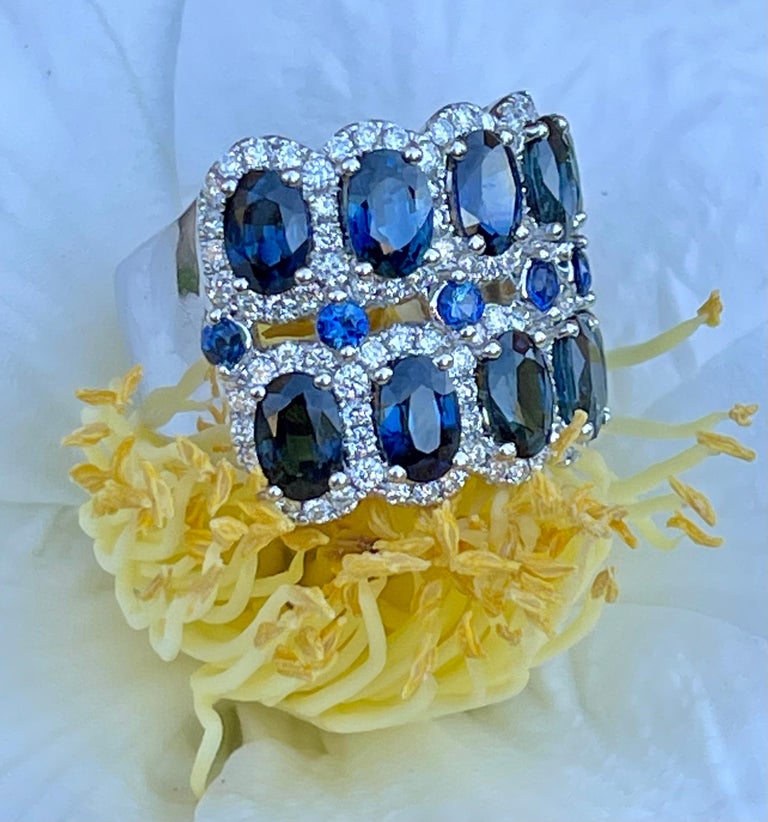 Artisan Regal 9.90 Carat Natural Blue Sapphire and Diamond White Gold 2 Layer Band Ring For Sale