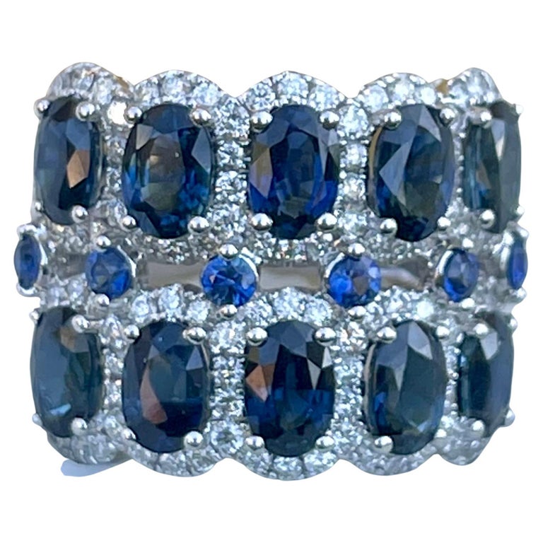 Regal 9.90 Carat Natural Blue Sapphire and Diamond White Gold 2 Layer Band Ring For Sale