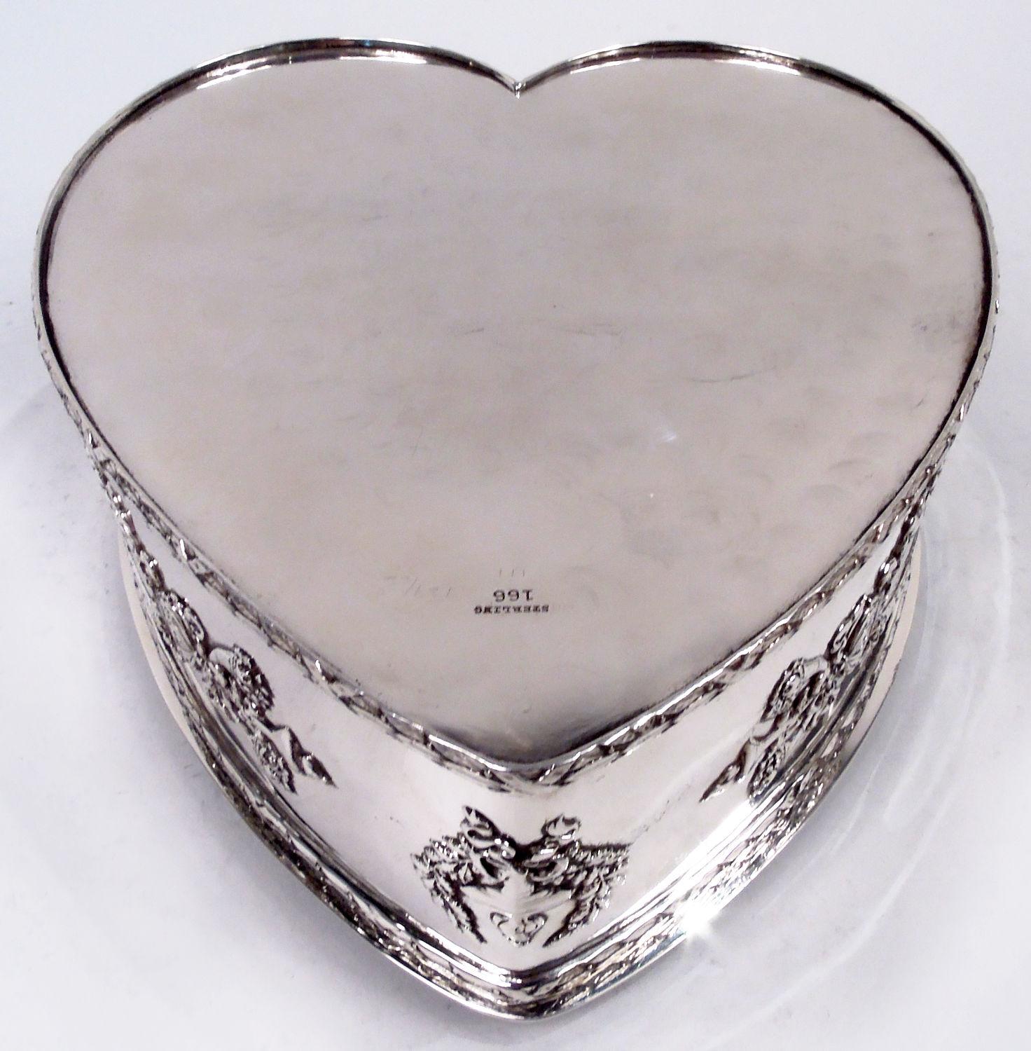 Regal and Romantic Sterling Silver Heart-Shaped Jewelry Box For Sale 4