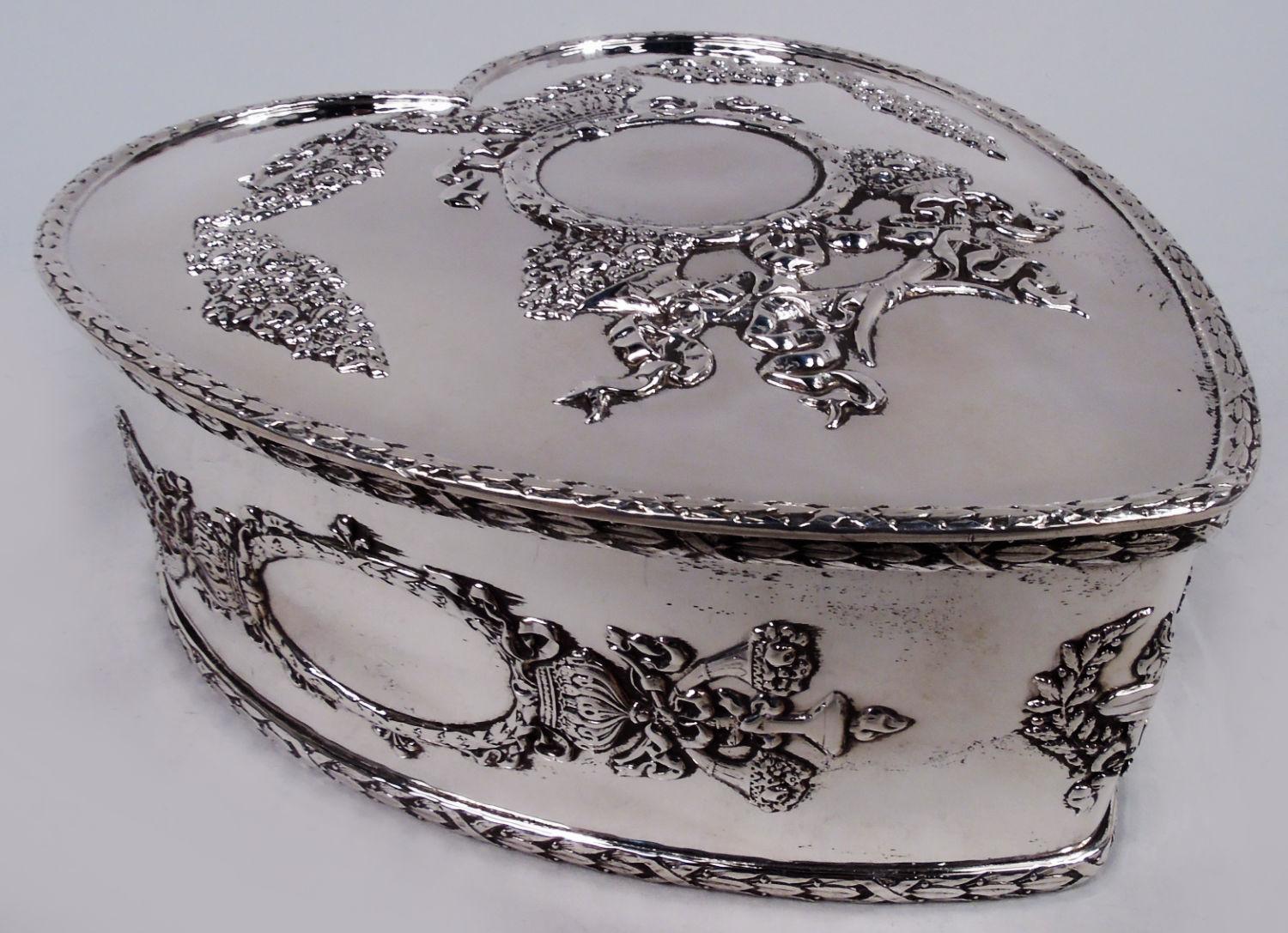 Edwardian Regal and Romantic Sterling Silver Heart-Shaped Jewelry Box For Sale