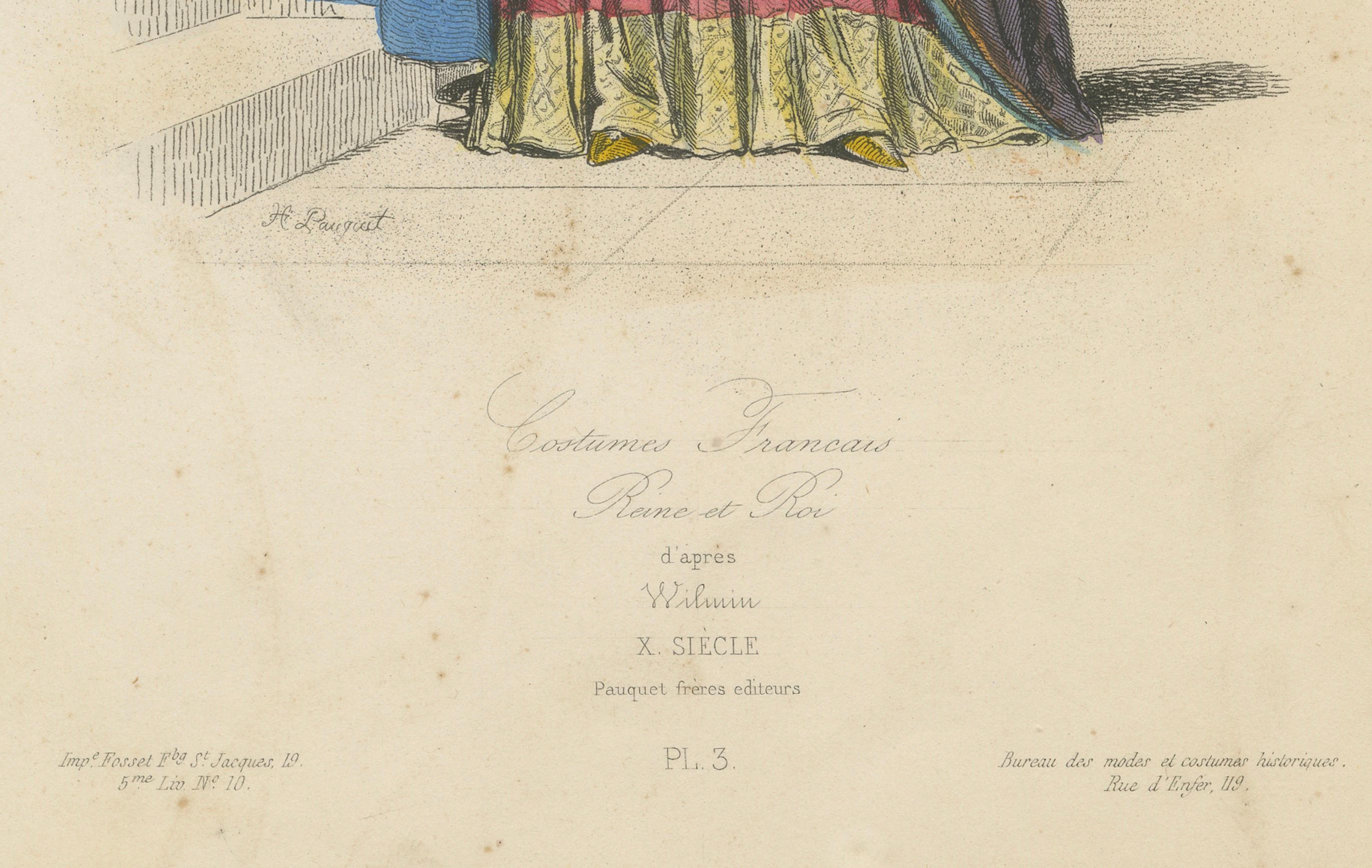 Title: Antique Costume Print of French Queen, 19th Century

Description: This beautiful antique costume print portrays a French queen in regal attire, dating from the 19th century. The image is part of the historic collection 