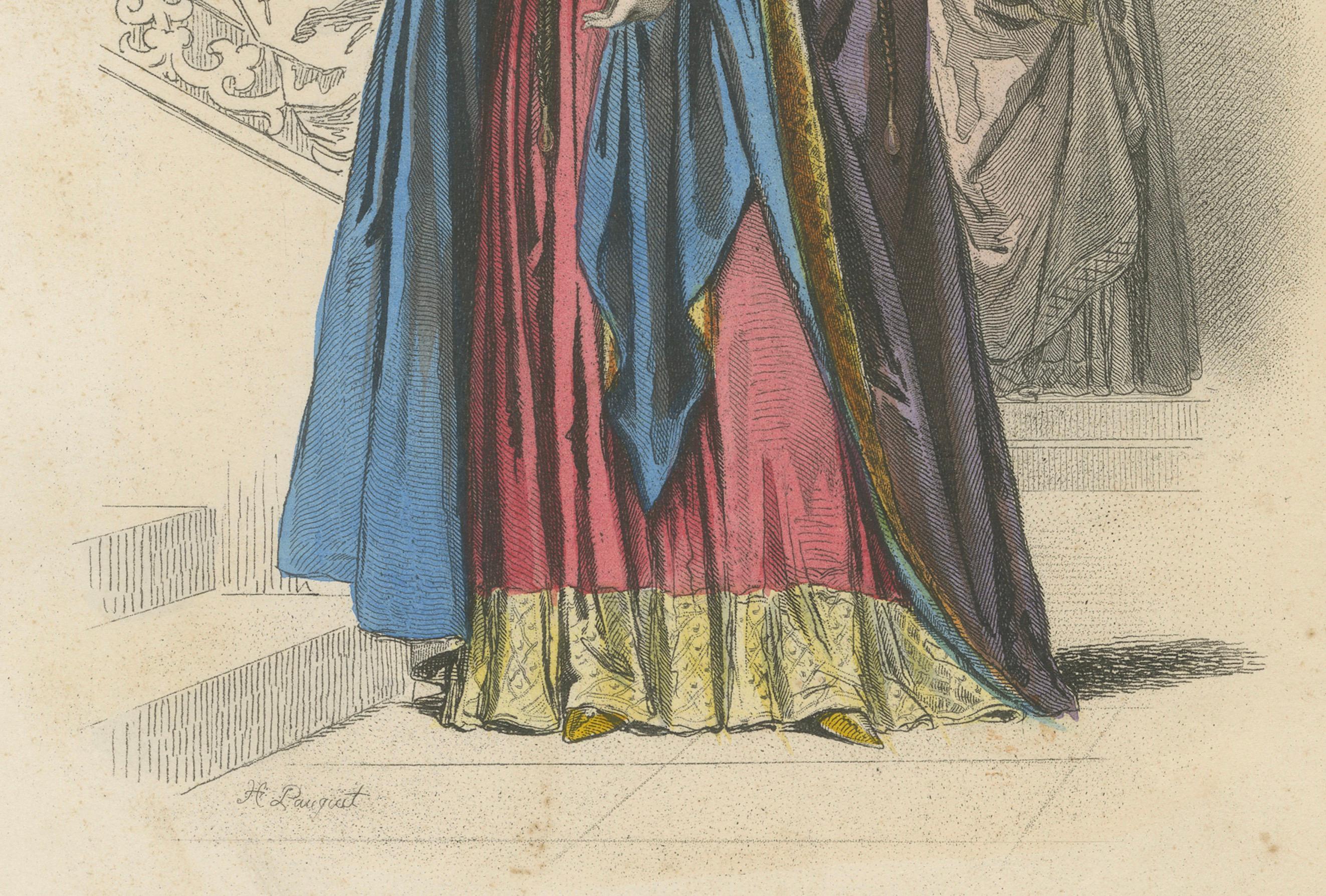 Regal Antique French Kostüm Druck einer Königin, handkoloriert im 19. (Mittleres 19. Jahrhundert) im Angebot