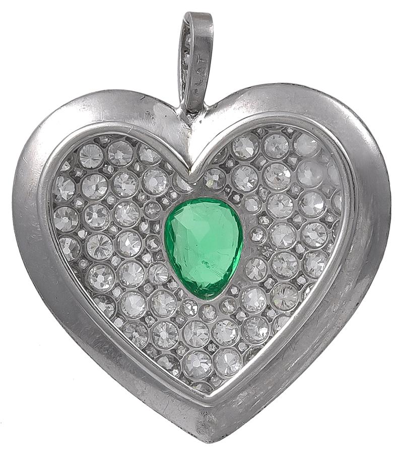 Women's Regal Antique Platinum Diamond and Emerald Heart