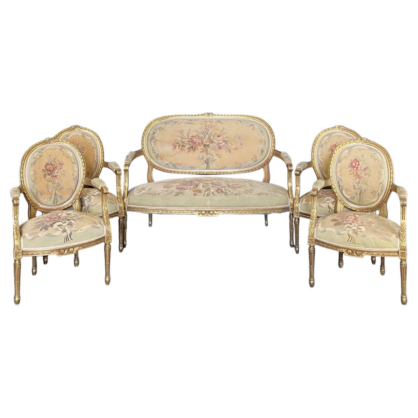 Regal Aubusson Upholstered Parlor Suite with Loveseat Canape and 4 Armchairs For Sale