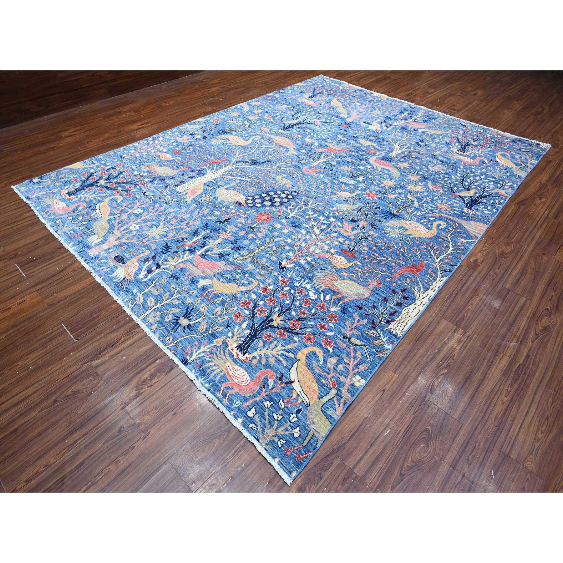 Oushak Regal Blue Peshawar Birds Paradise Wool Hand Knotted Oriental Rug 9'0
