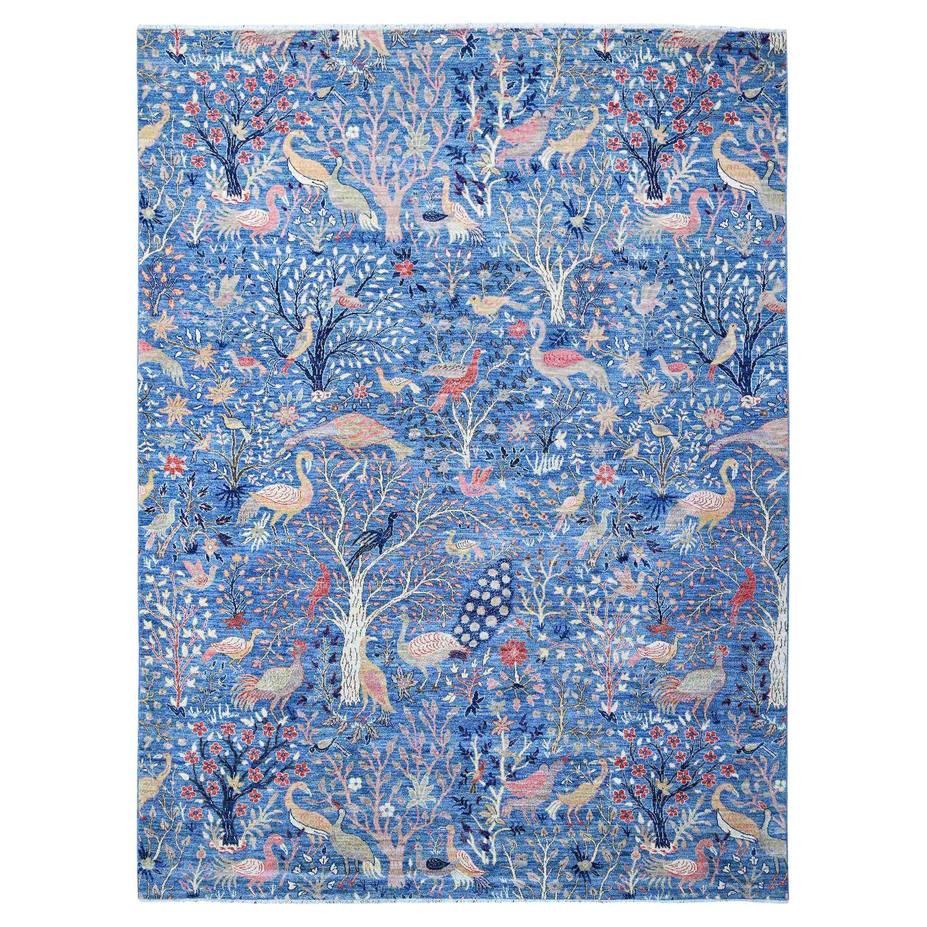 Regal Blue Peshawar Birds Paradise Wool Hand Knotted Oriental Rug 9'0" x 11'11" For Sale