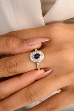 Regal Blue Sapphire Diamond Halo wedding Ring for Her in 14k White Gold