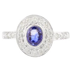 Regal Blue Sapphire Diamond Halo wedding Ring for Her in 14k White Gold