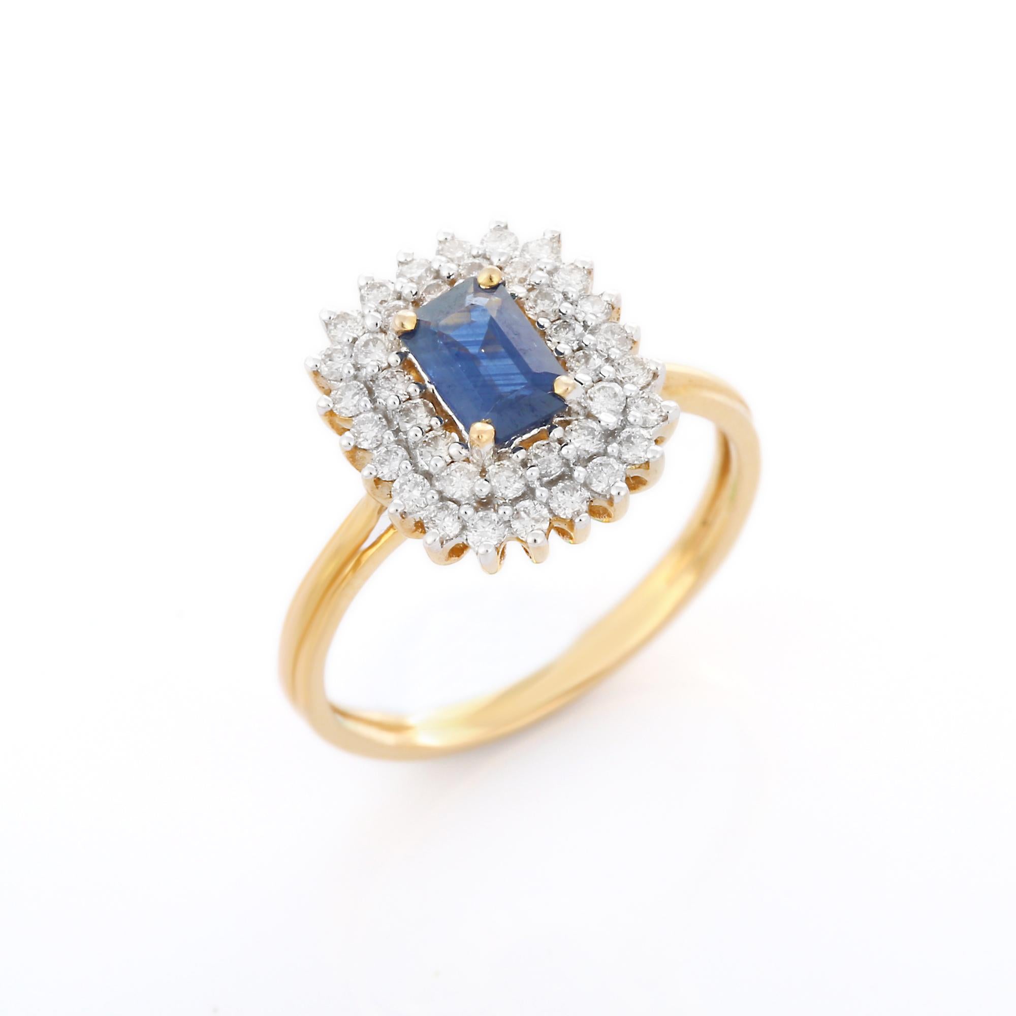 For Sale:  Regal Blue Sapphire Diamond Halo Wedding Ring in 18K Solid Yellow Gold 7