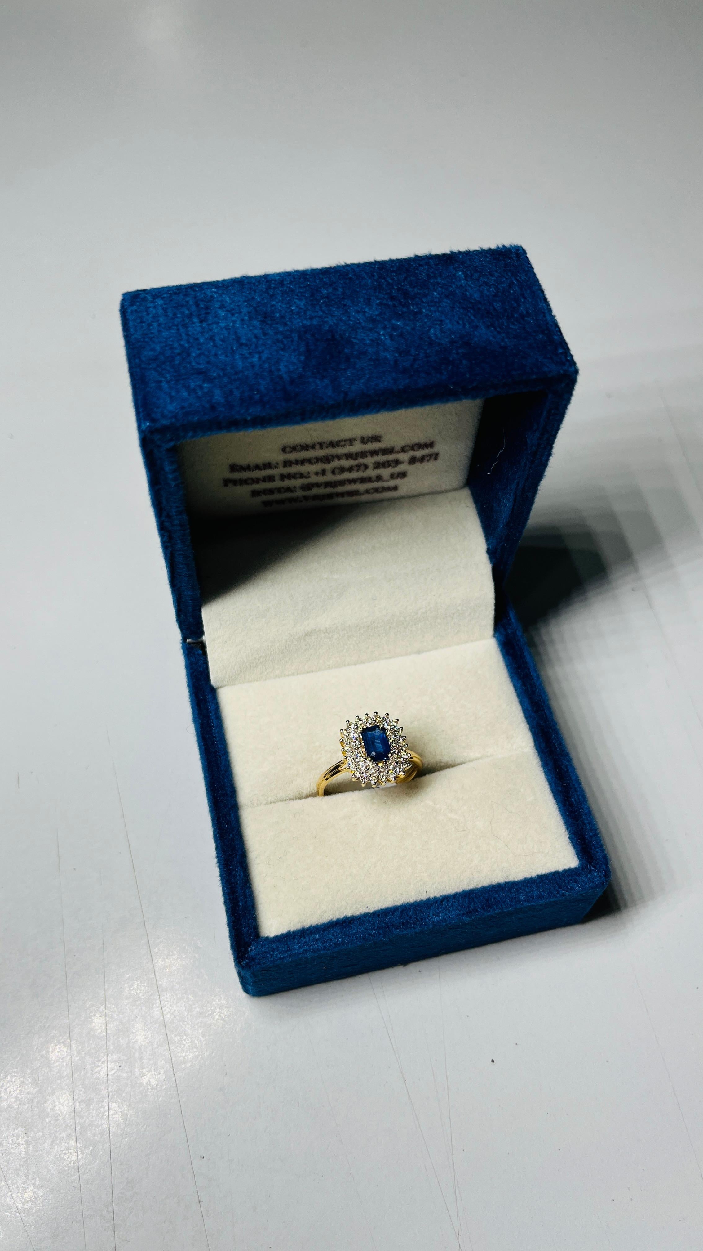 For Sale:  Regal Blue Sapphire Diamond Halo Wedding Ring in 18K Solid Yellow Gold 8