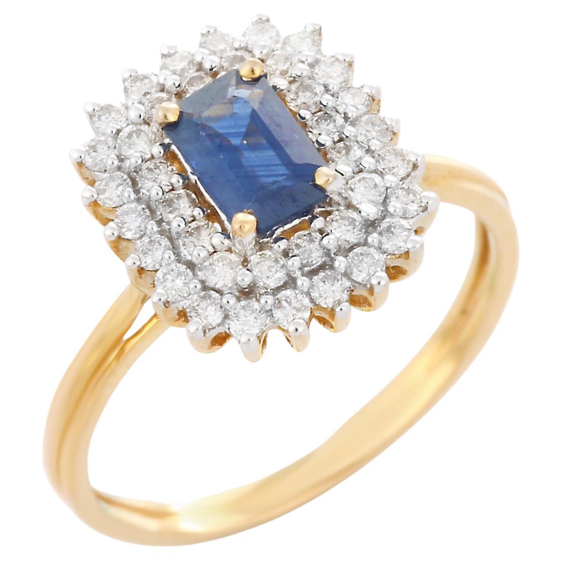 Regaler blauer Saphir-Diamant-Halo-Hochzeitsring aus 18 Karat massivem Gelbgold