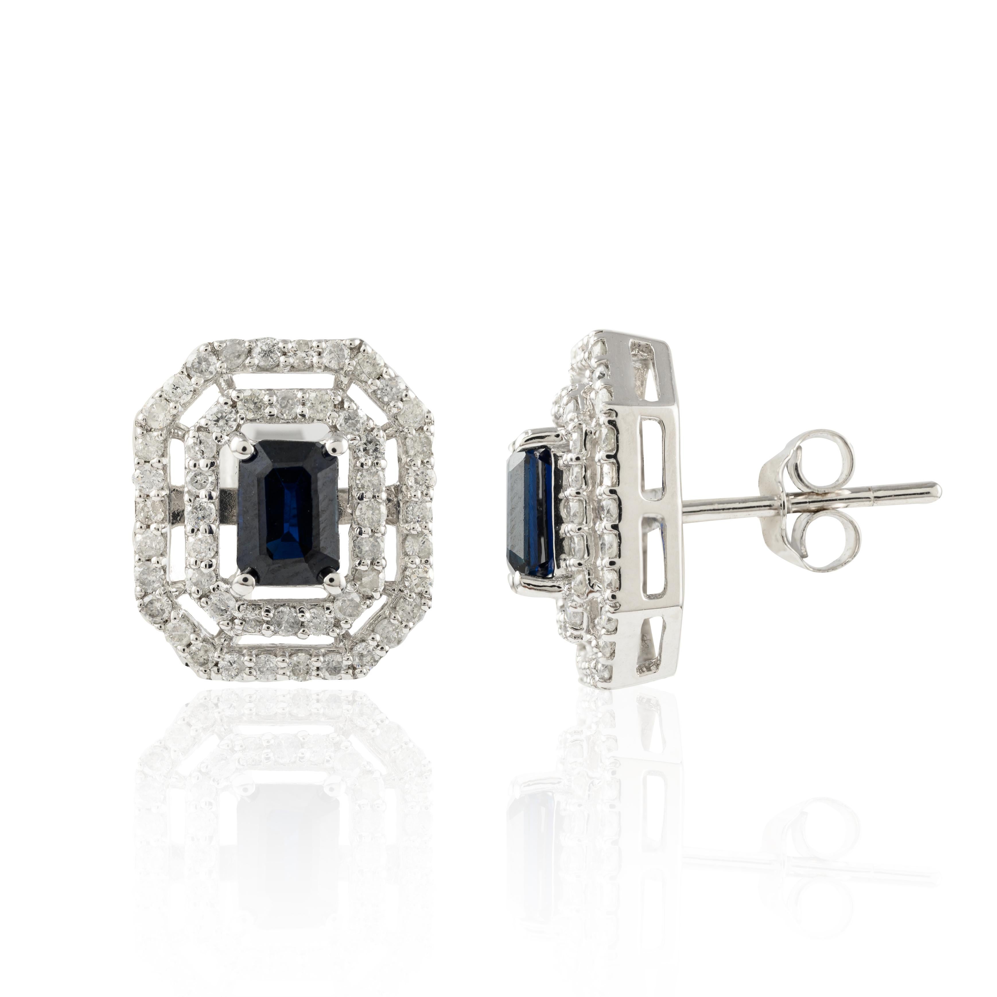 Regal Blue Sapphire Diamond Wedding Stud Earrings in 14K Gold, um mit Ihrem Look ein Statement zu setzen. Sie brauchen Ohrstecker, um mit Ihrem Look ein Statement zu setzen. Diese Ohrringe mit achteckig geschliffenen Saphiren sorgen für einen
