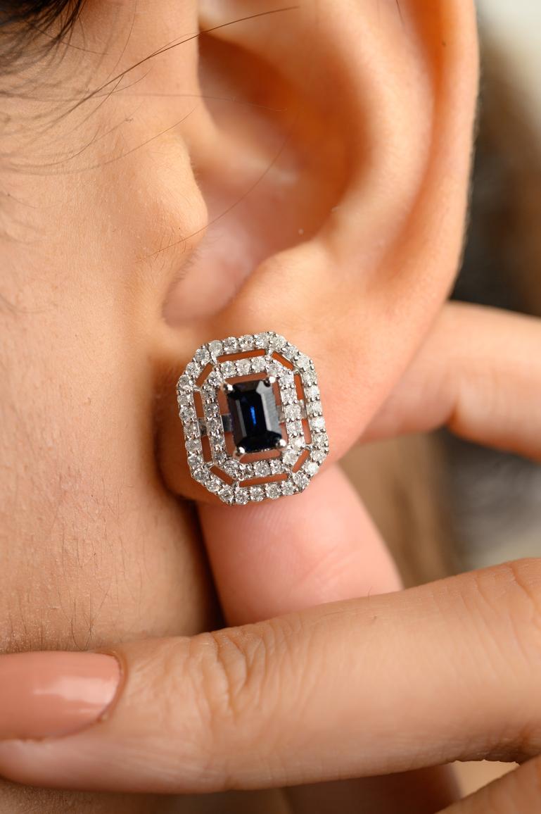 Art Deco Regal Blue Sapphire Diamond Wedding Stud Earrings Crafted in 14k White Gold For Sale