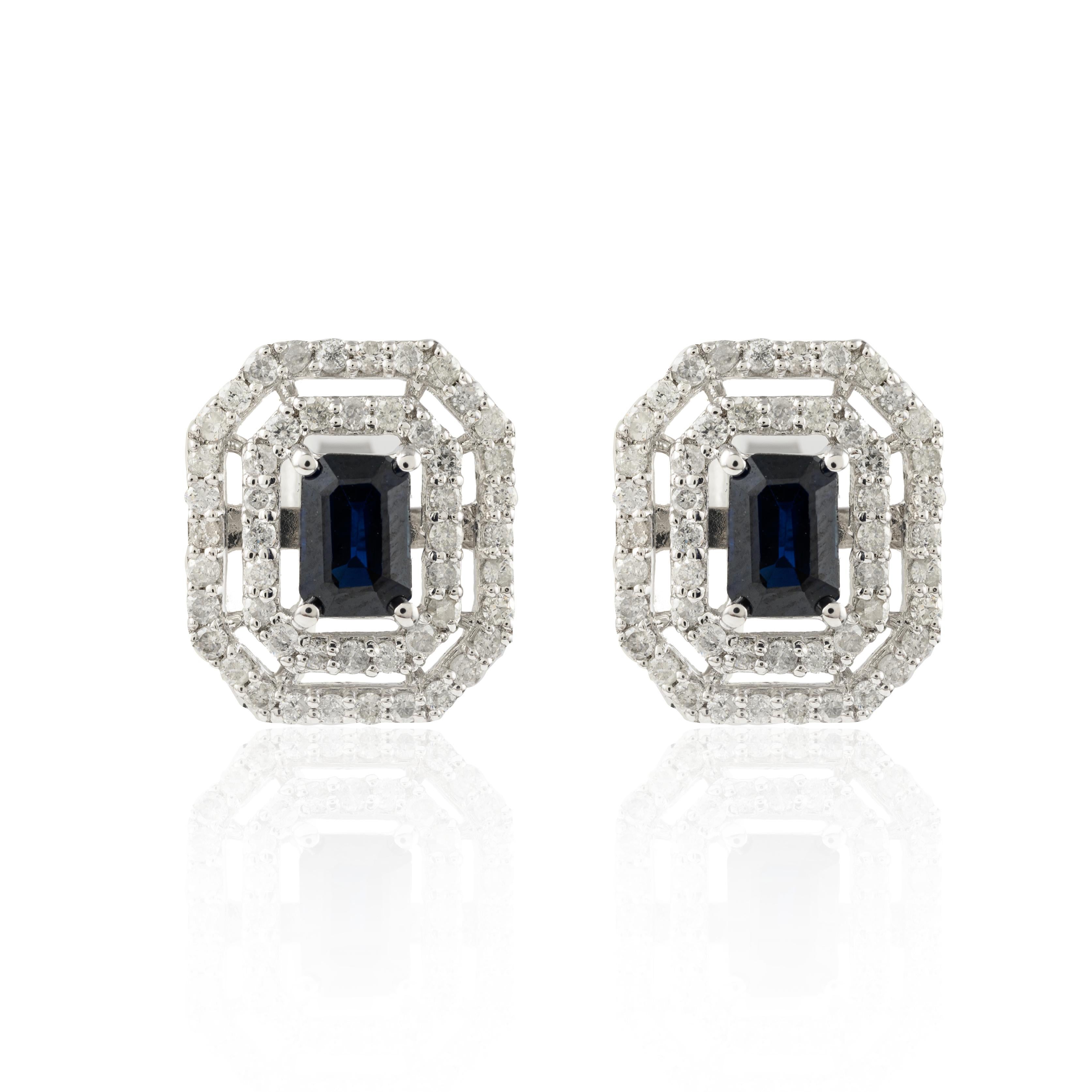 Octagon Cut Regal Blue Sapphire Diamond Wedding Stud Earrings Crafted in 14k White Gold For Sale
