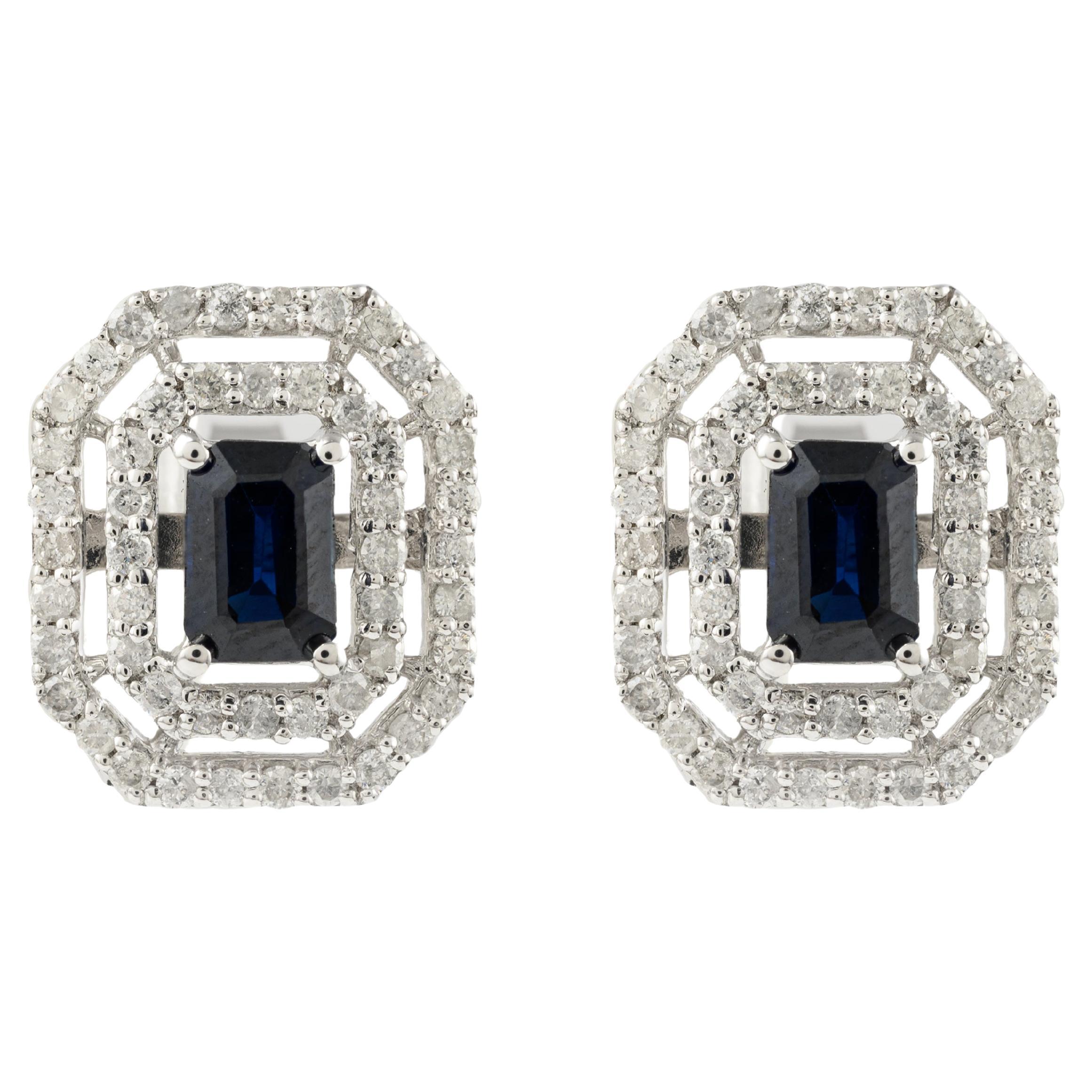 Regal Blue Sapphire Diamond Wedding Stud Earrings Crafted in 14k White Gold For Sale