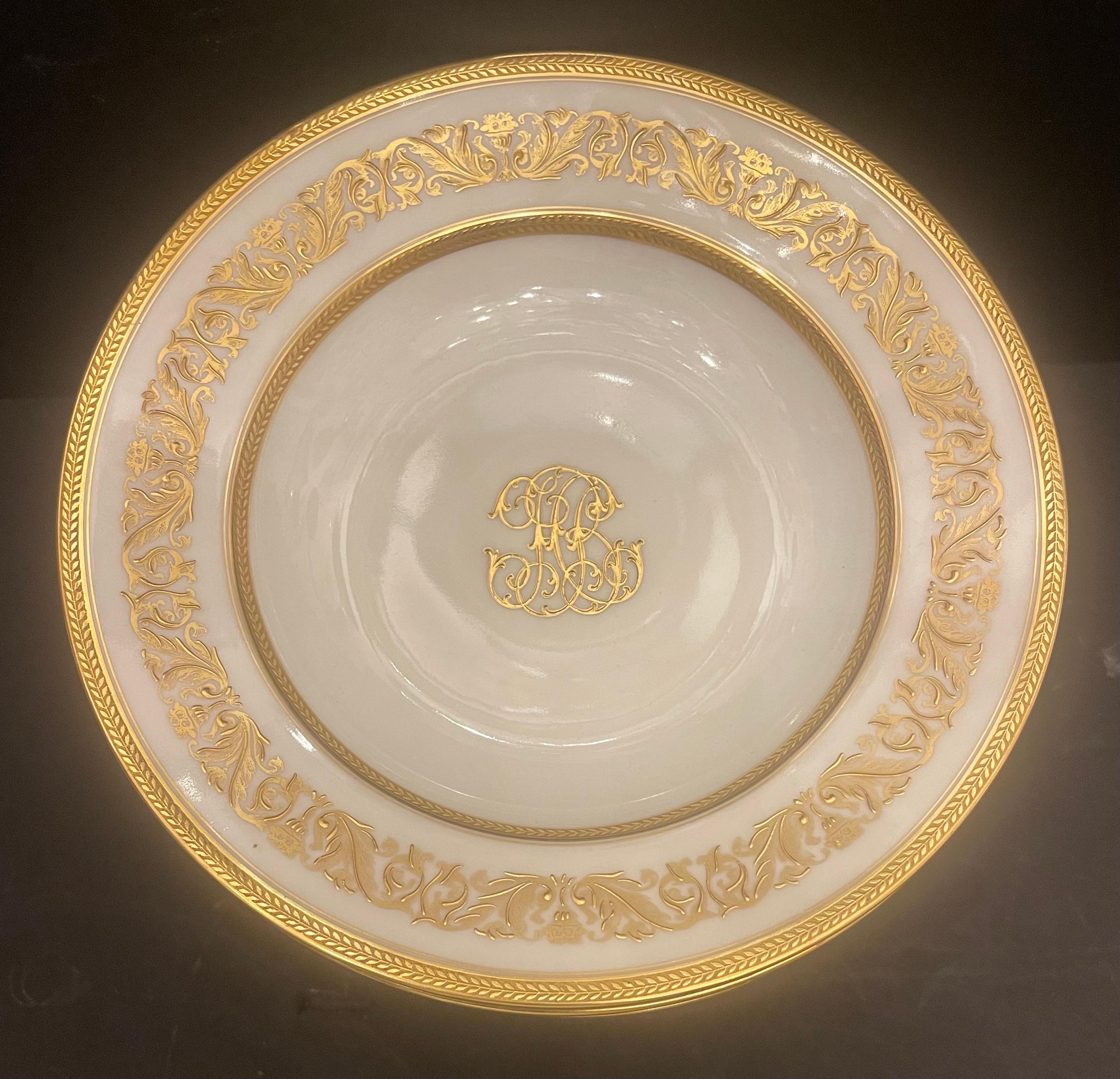 A Very Regal Charles Ahrenfeldt Limoges For Bailey, Banks & Biddle Set Of 12 Raised Gold Encrusted Soup Bowls Plates 