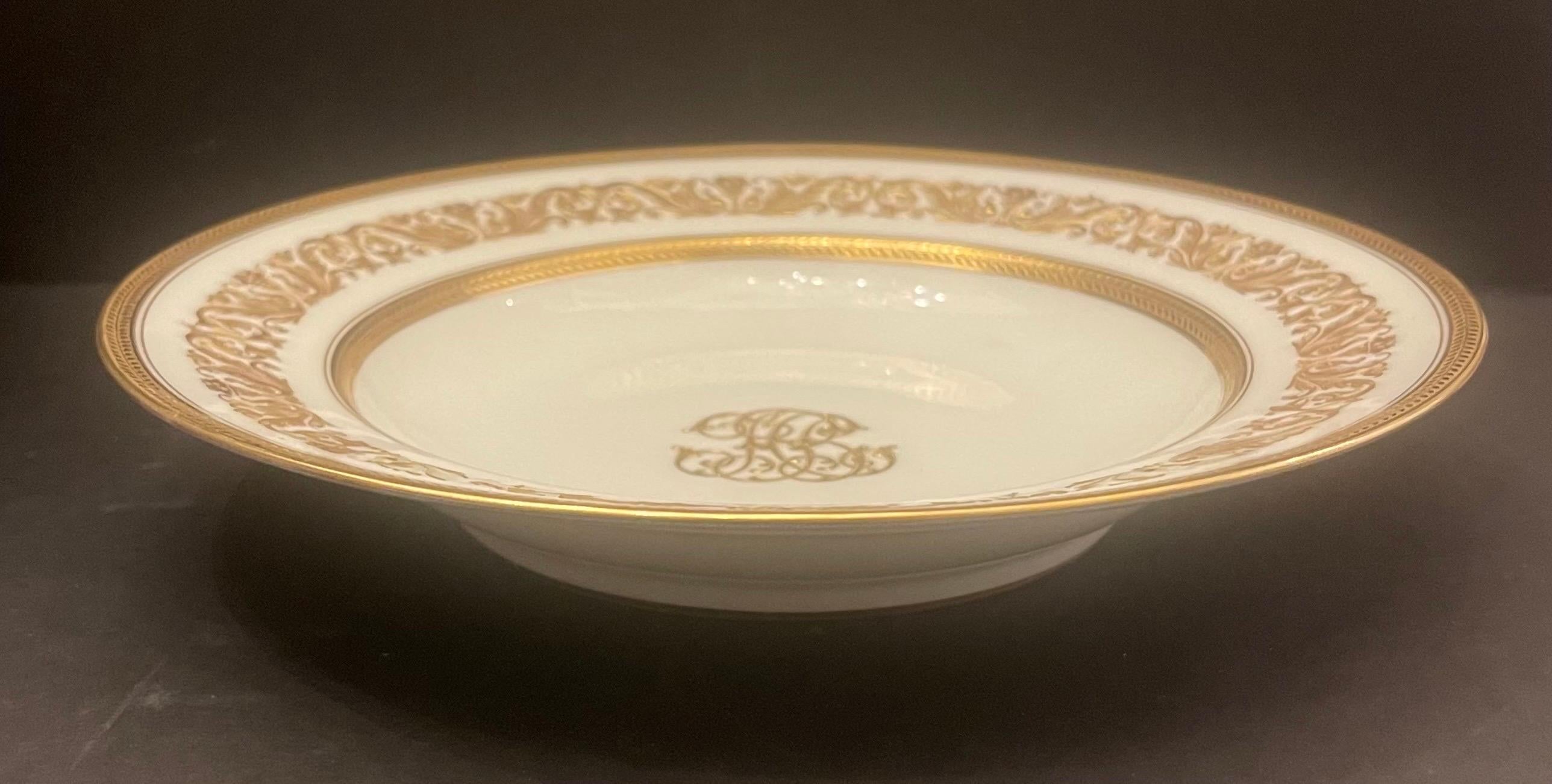 French Regal Charles Ahrenfeldt Limoges Set 12 Raised Gold Encrusted Soup Bowls Plates