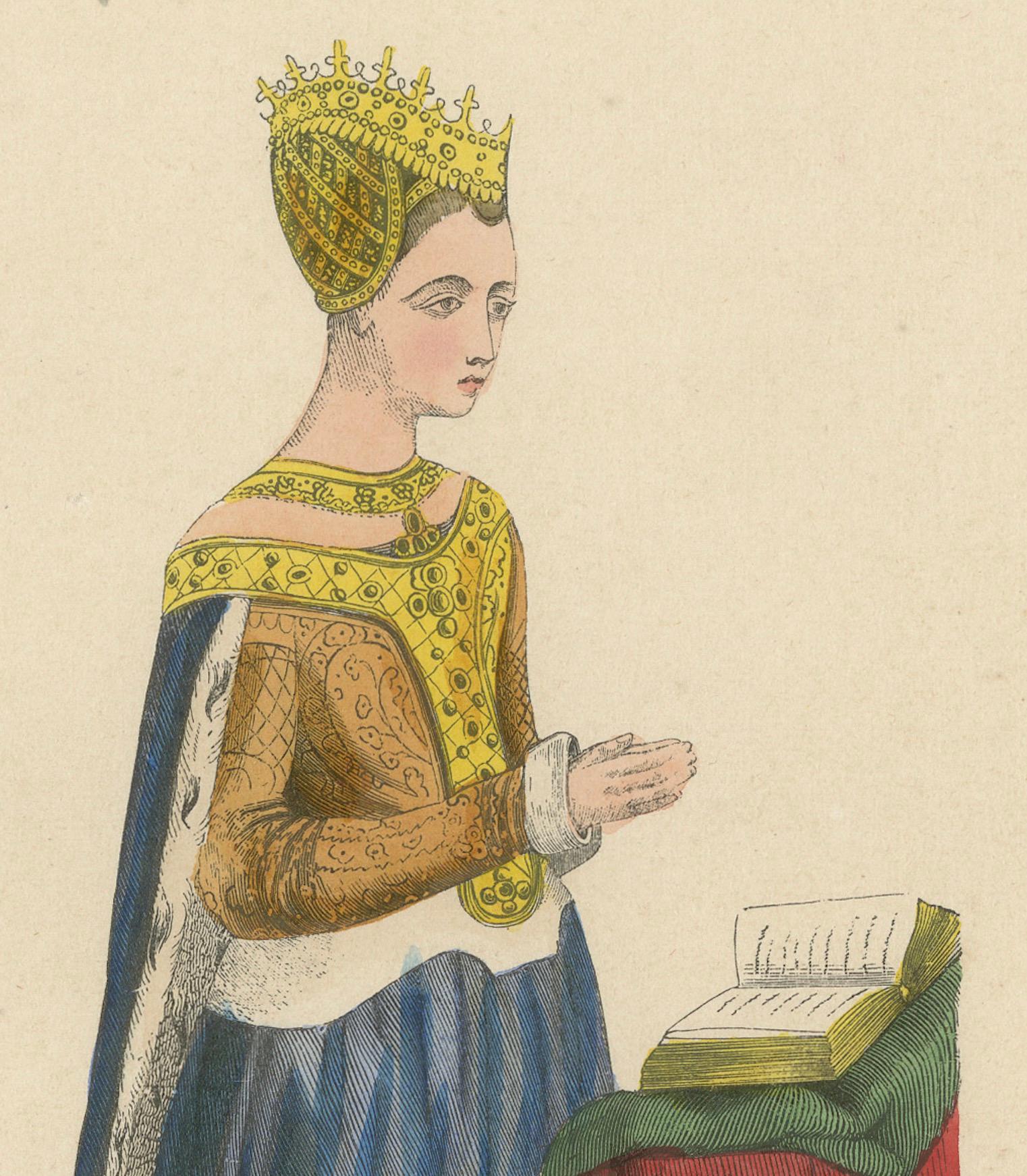 Regal Contemplation: Queen Margaret of Scotland in 'Costume du Moyen Âge, 1847 In Good Condition For Sale In Langweer, NL