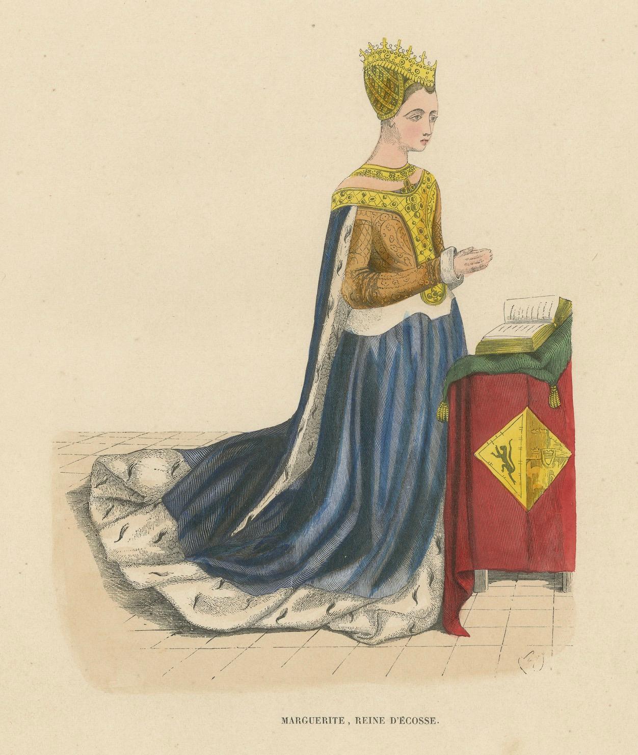 Mid-19th Century Regal Contemplation: Queen Margaret of Scotland in 'Costume du Moyen Âge, 1847 For Sale