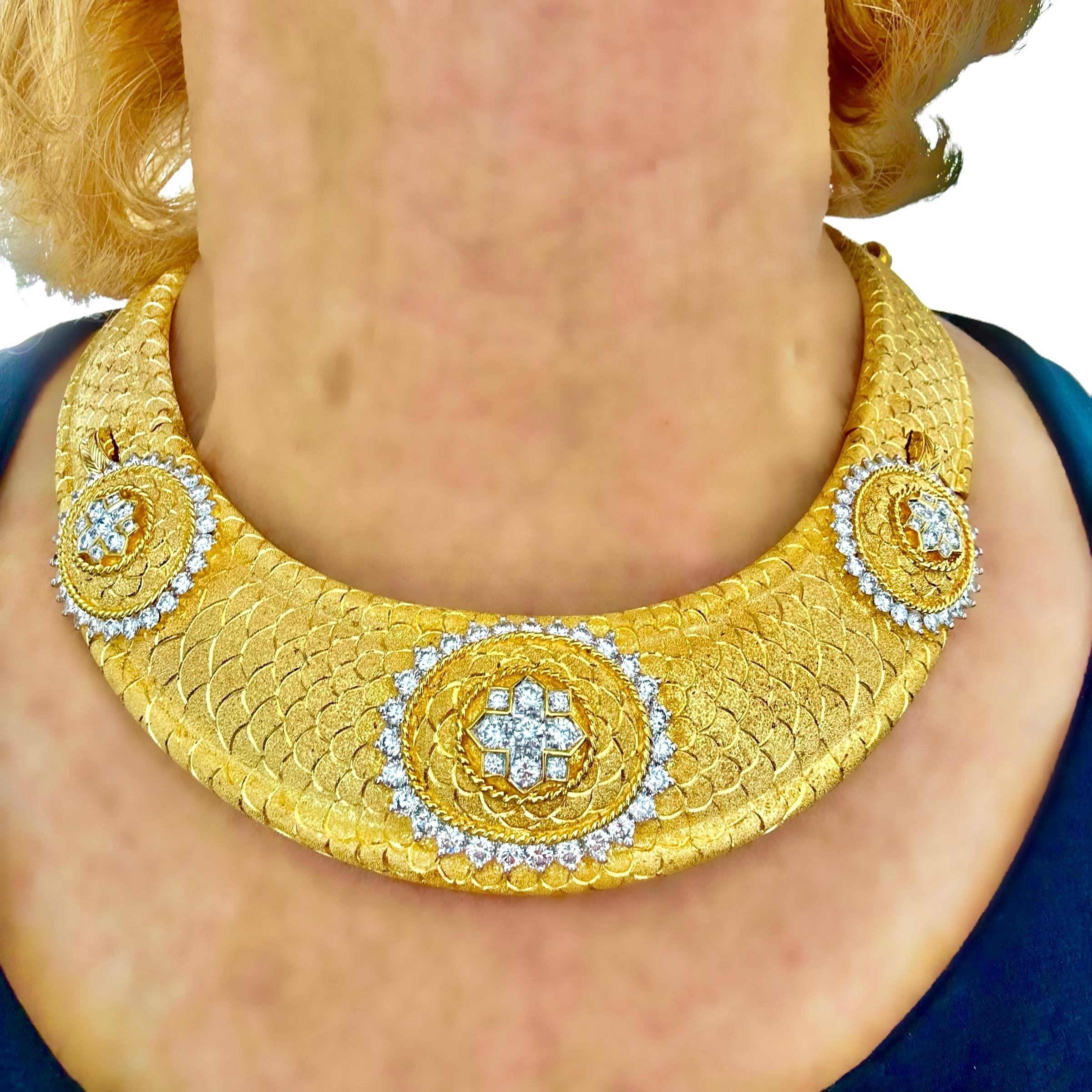 Regal Design Diamond & Florentine Finish 18K Gold Choker Necklace 1.25 Inch Wide For Sale 4