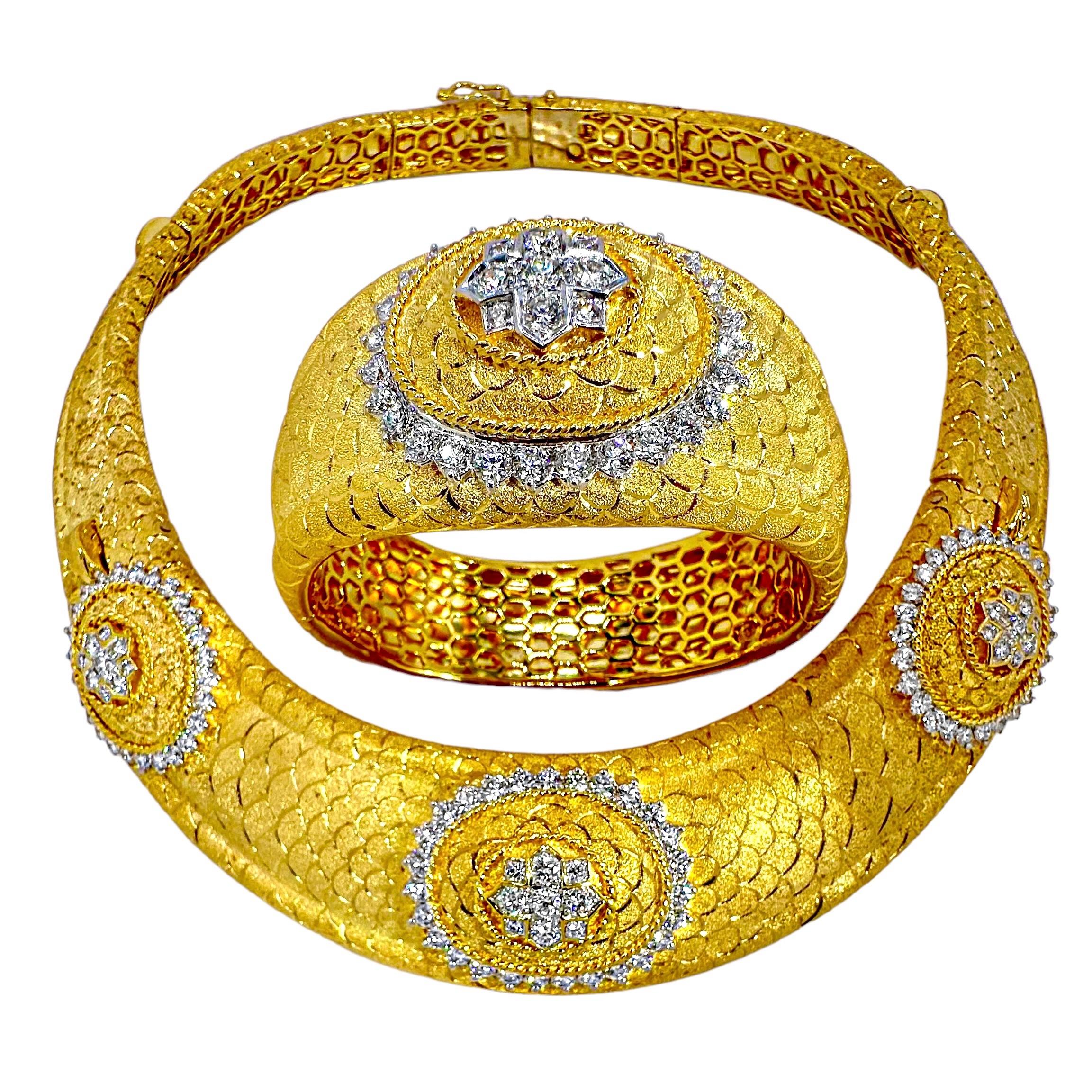 Regal Design Diamond & Florentine Finish 18K Gold Choker Necklace 1.25 Inch Wide For Sale 6