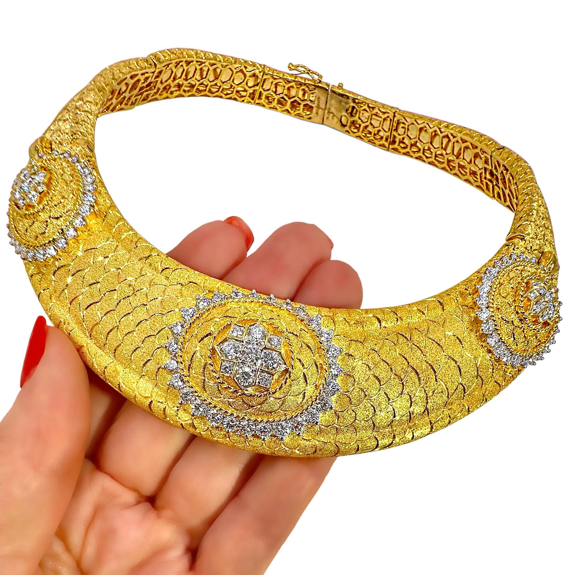 Regal Design Diamond & Florentine Finish 18K Gold Choker Necklace 1.25 Inch Wide For Sale 4