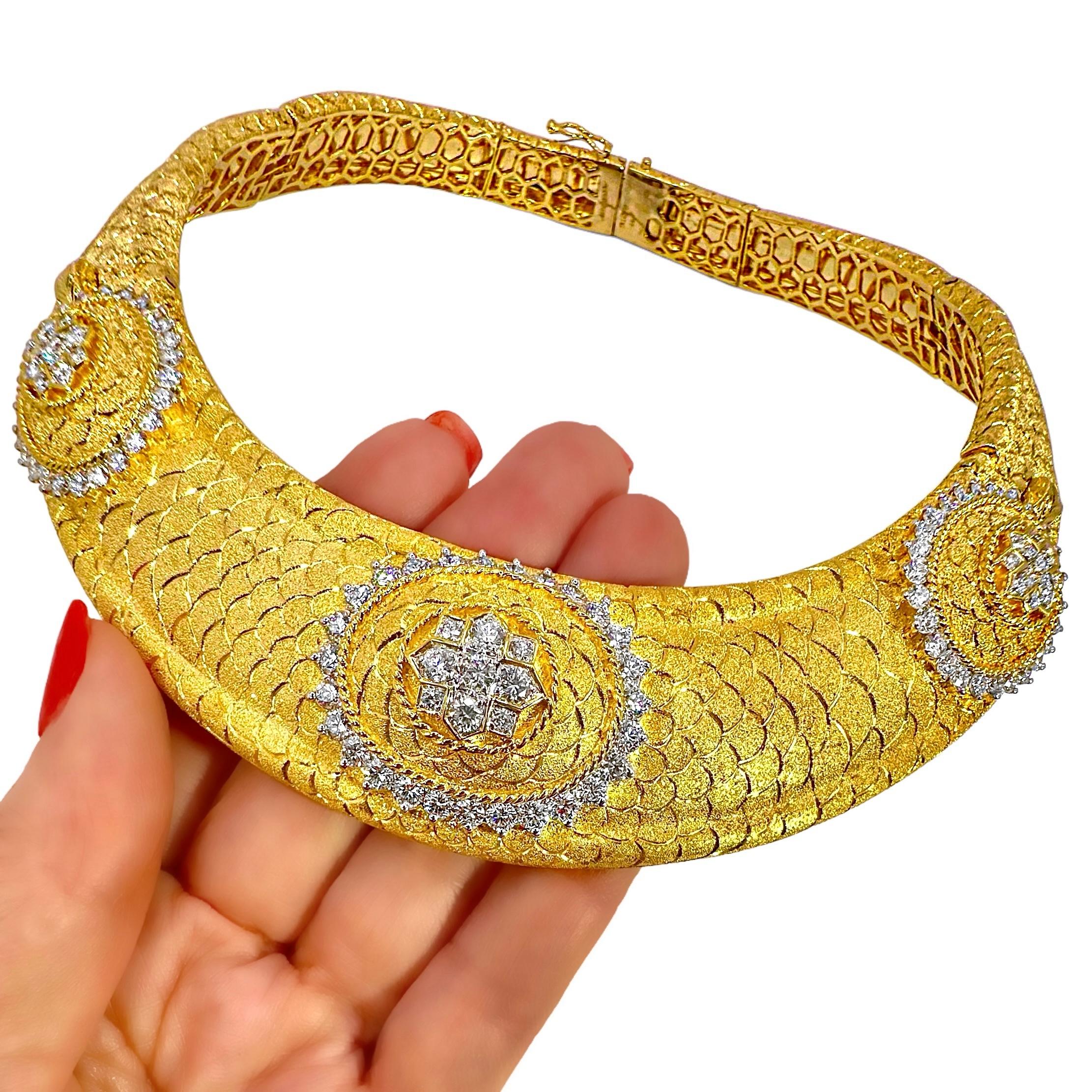 Regal Design Diamond & Florentine Finish 18K Gold Choker Necklace 1.25 Inch Wide For Sale 3