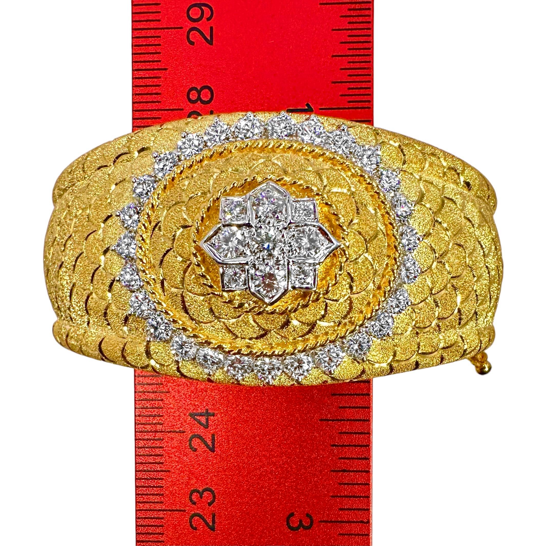 Regal Design, Diamond & Florentine Finish 18K Gold Cuff Bracelet 1.25 Inch Wide For Sale 5